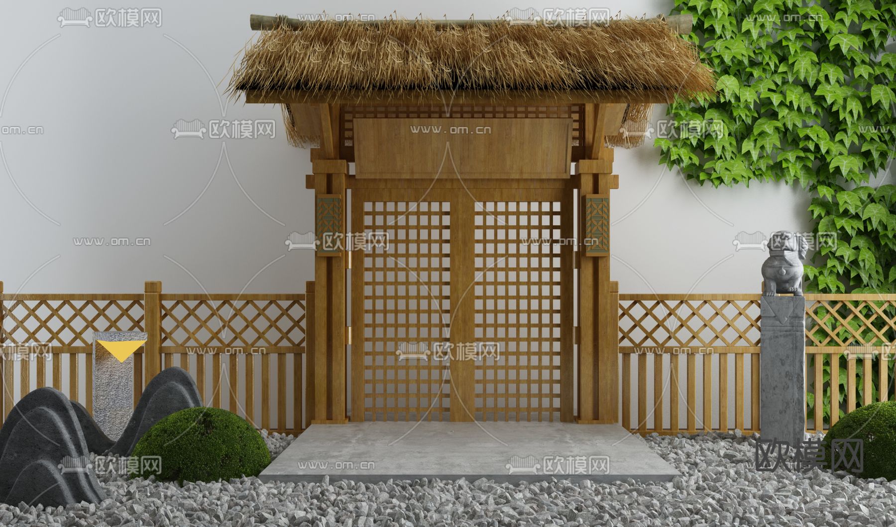 自然风农家乐茅草门围栏小品3d模型下载