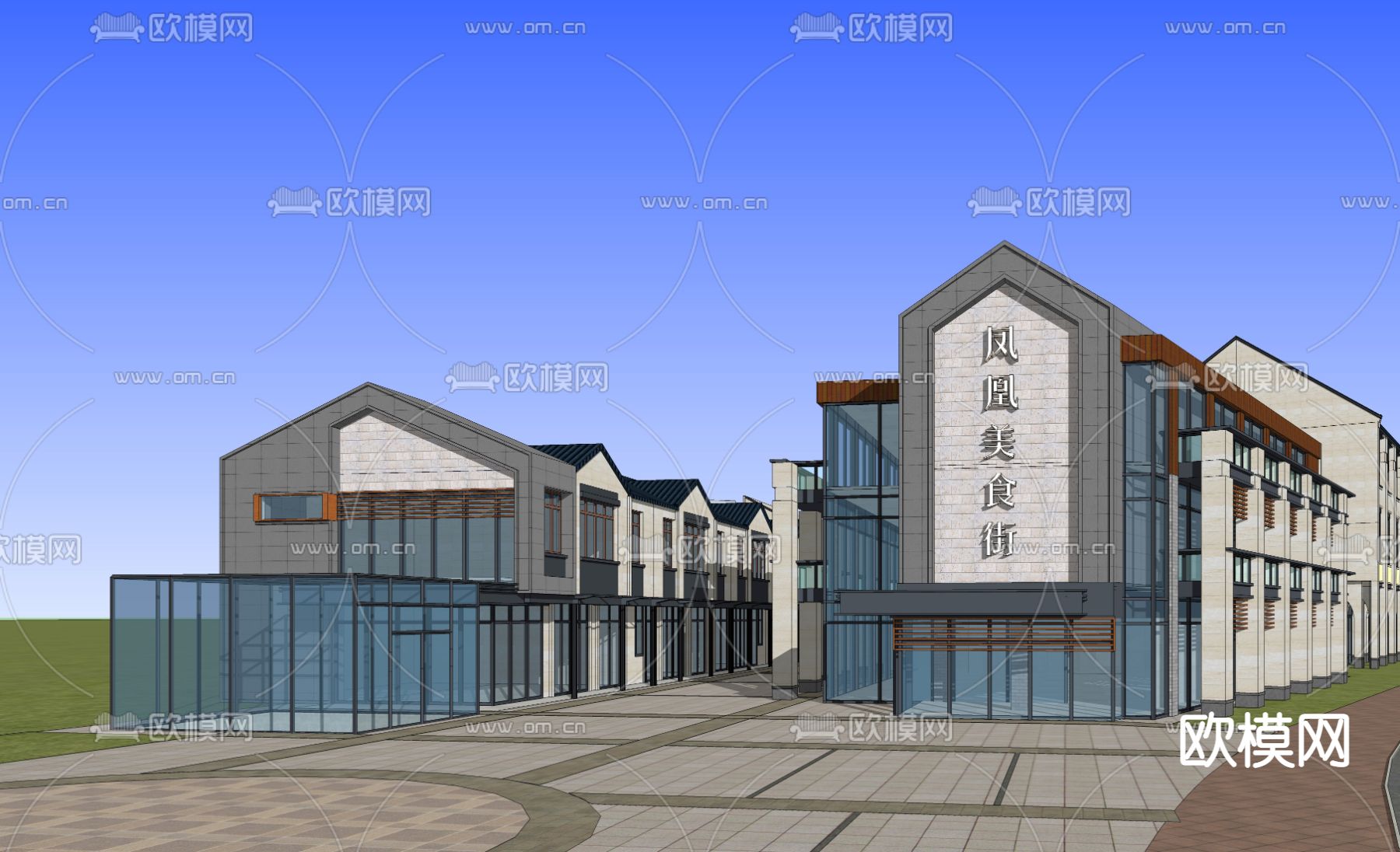 现代商业街su模型下载（渲染图2）