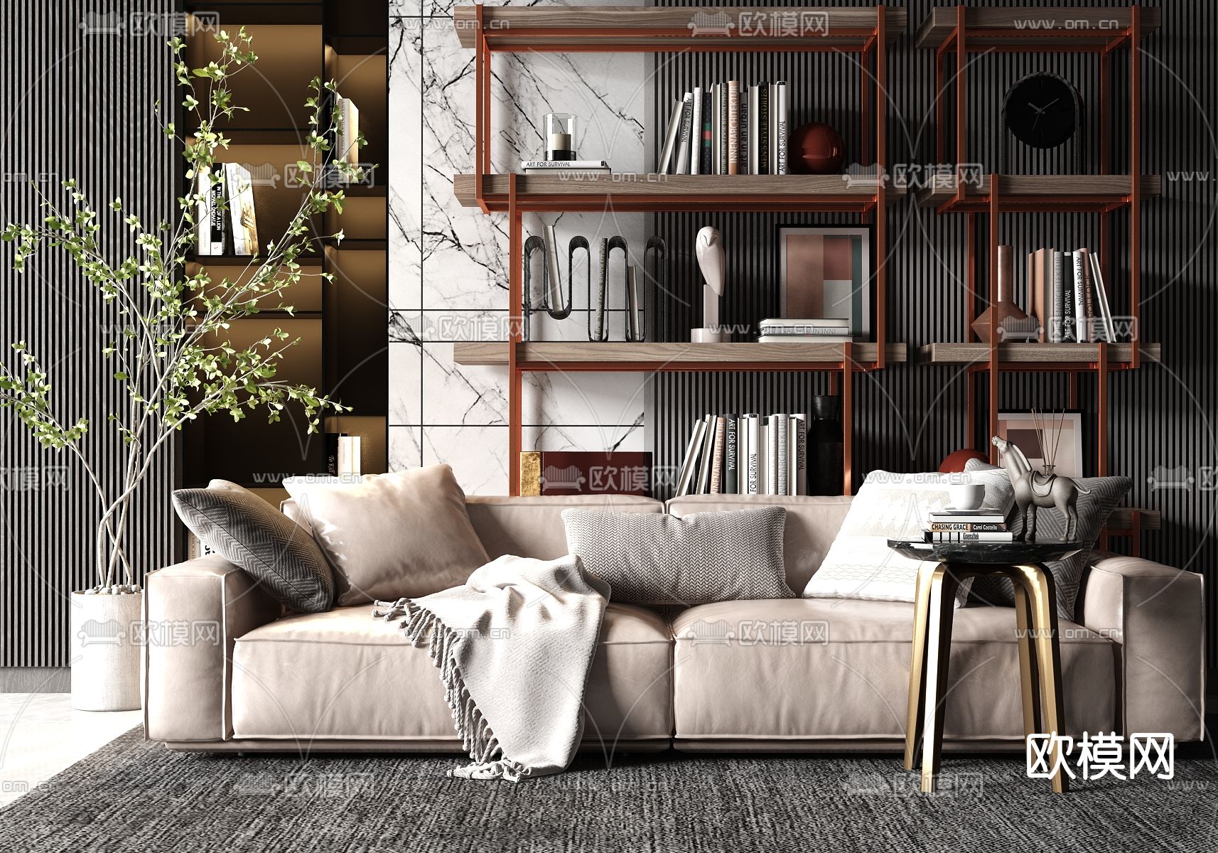 现代布艺双人沙发su模型下载（渲染图1）