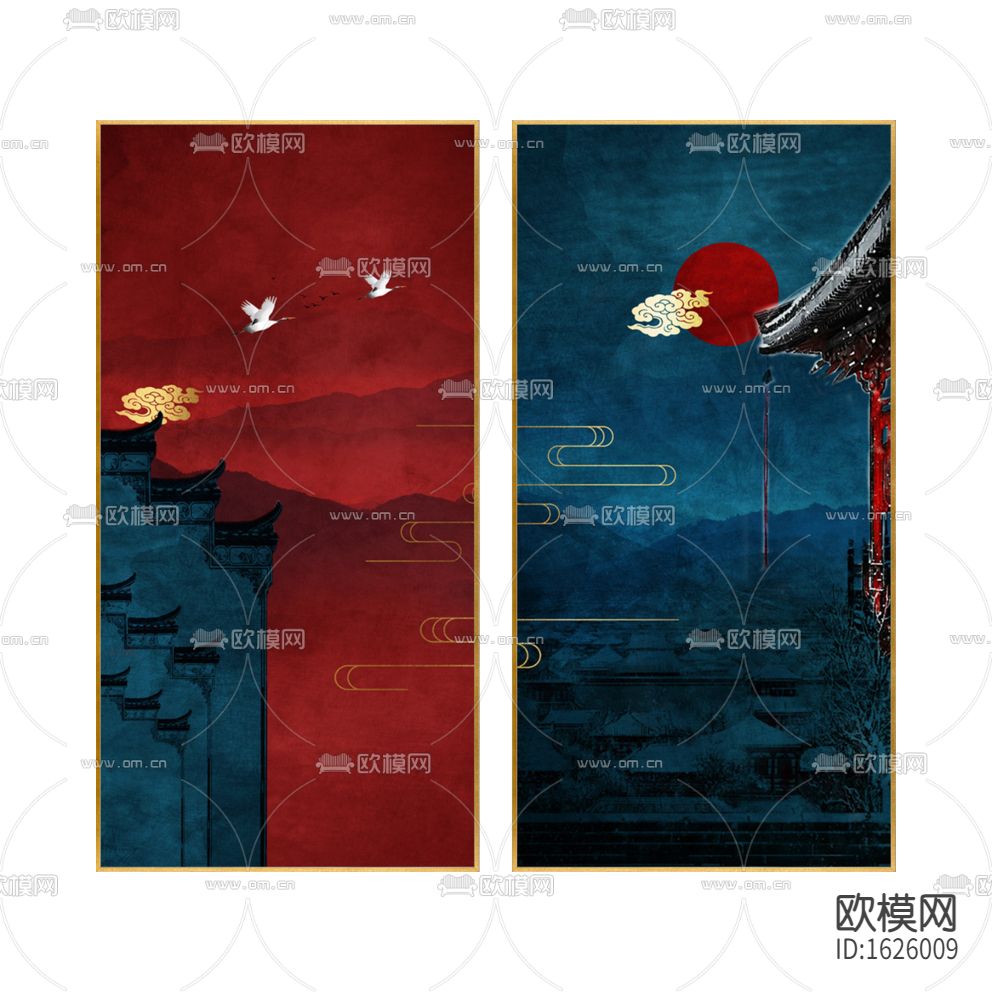 新中式轻奢红蓝配色徽派建筑装饰画下载