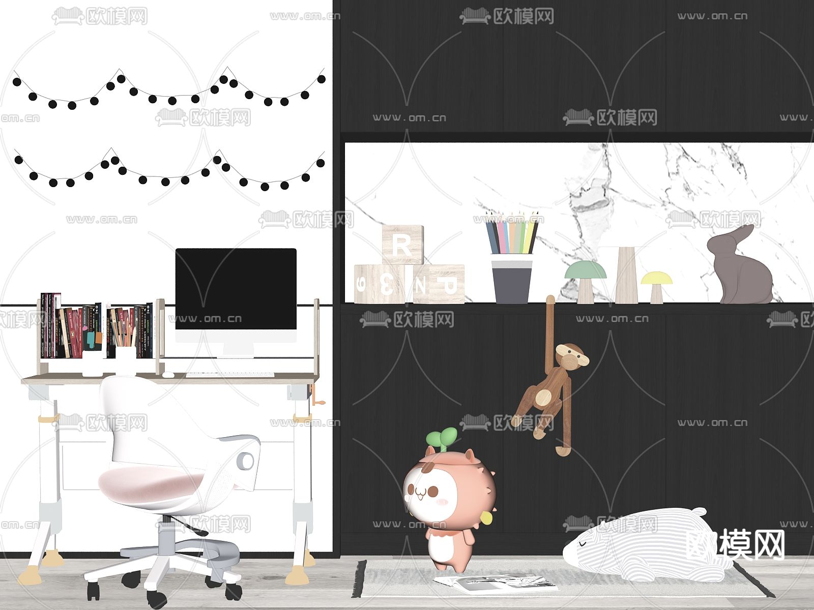 现代儿童书桌椅su模型下载（渲染图2）