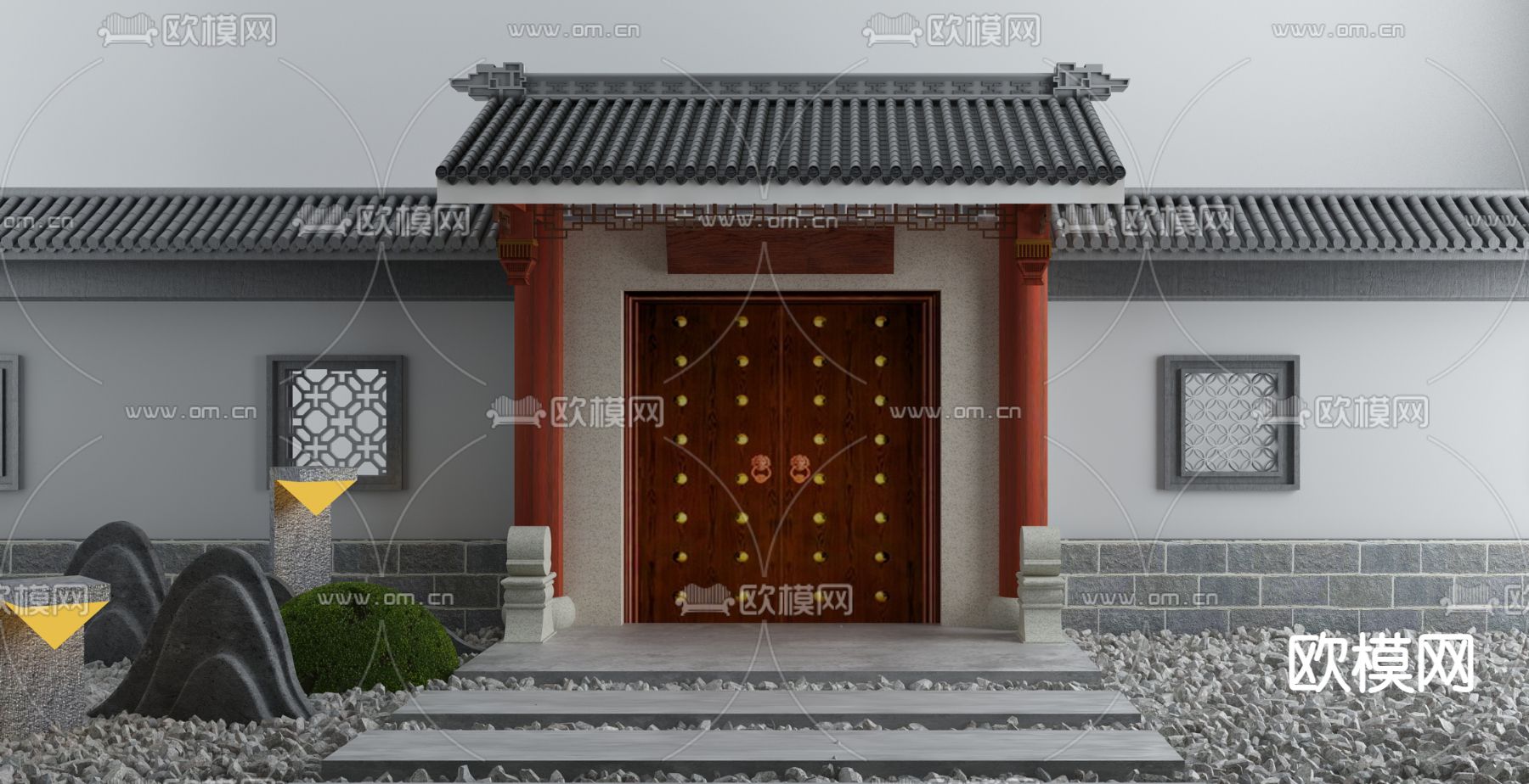 中式庭院大门3d模型下载