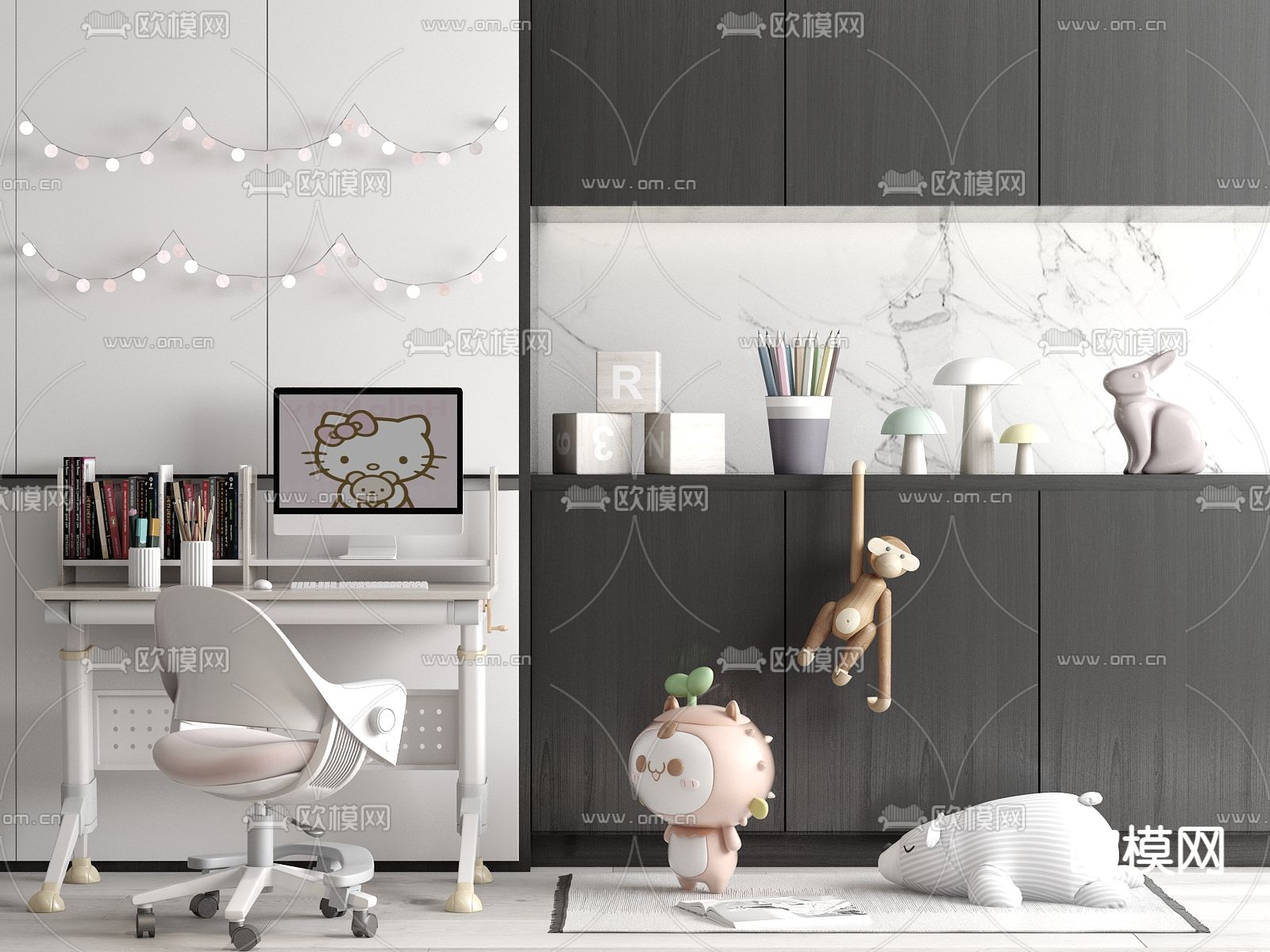 现代儿童书桌椅su模型下载（渲染图1）