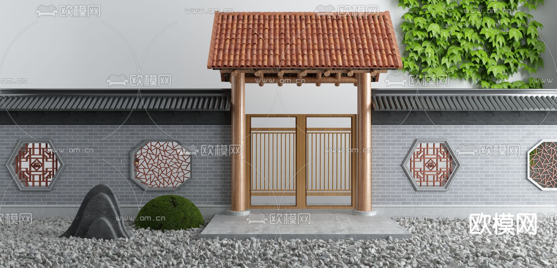 新中式木门花窗瓦墙庭院围墙3d模型