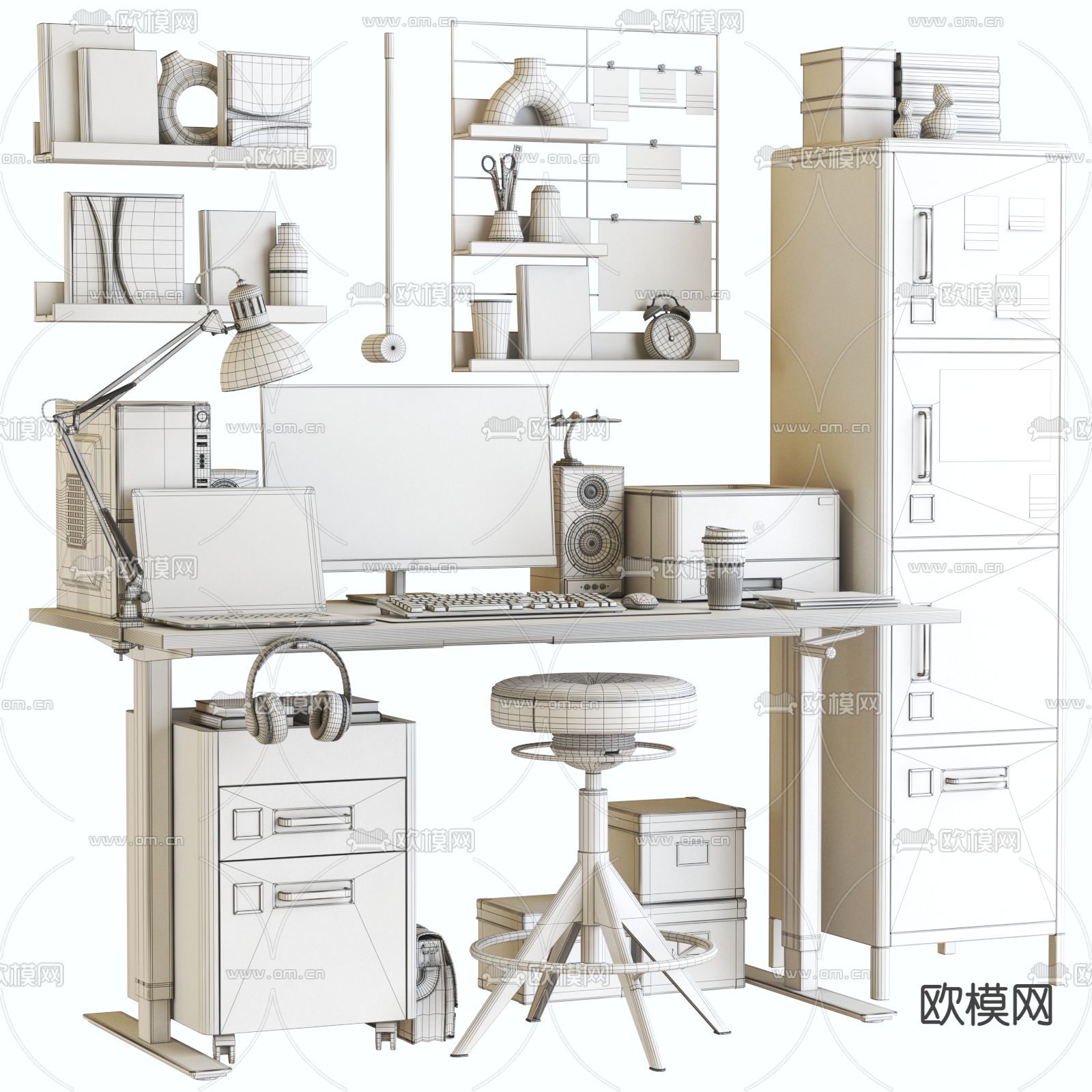 工业风电脑书桌椅3d模型下载（渲染图3）