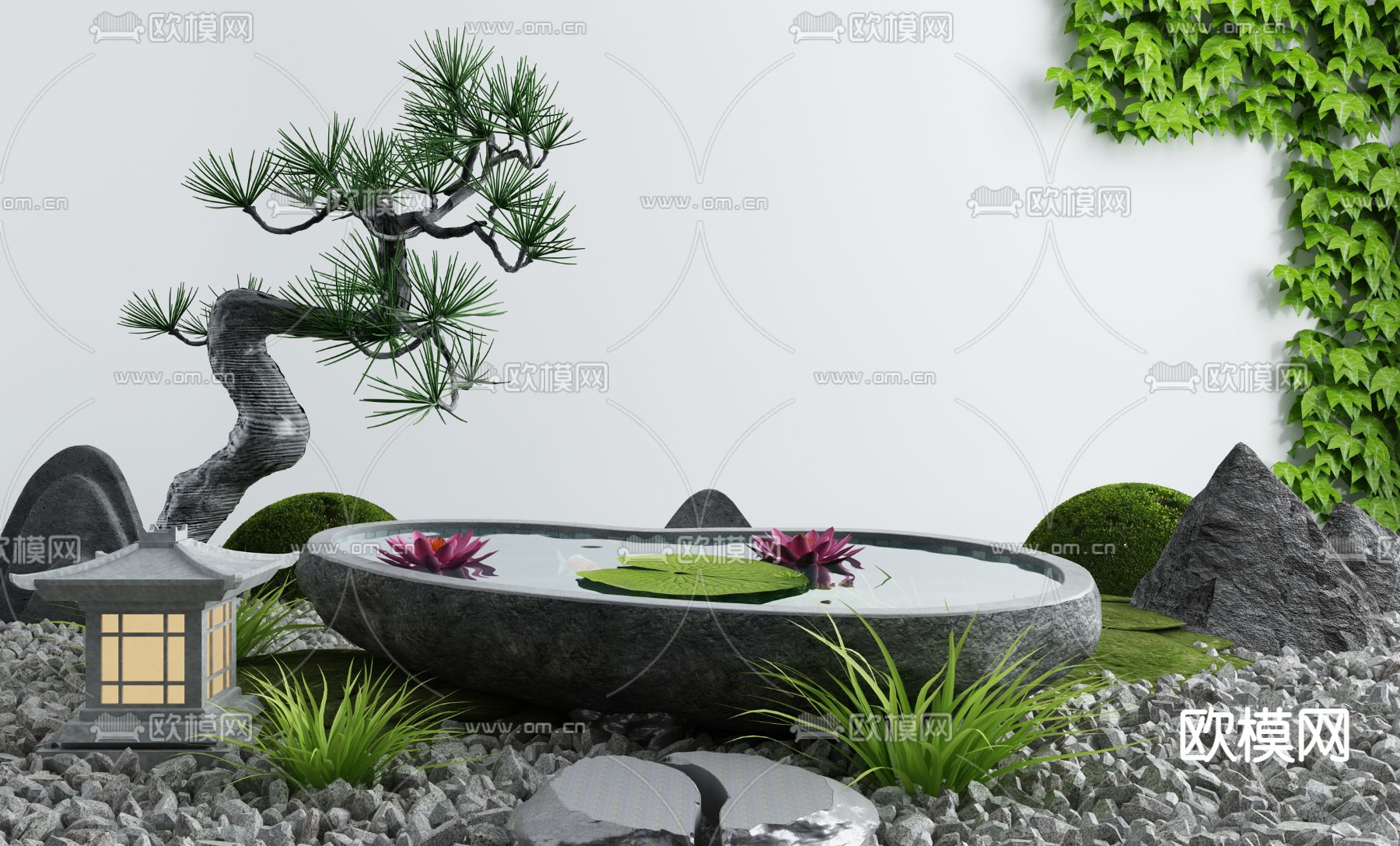 新中式荷花水景小品3d模型下载