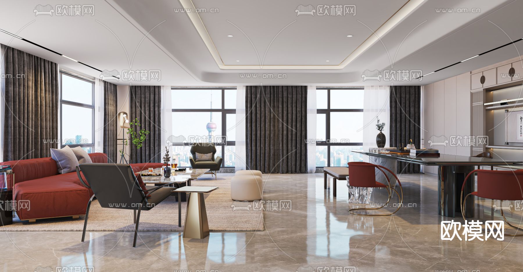 现代轻奢董事长办公室3d模型下载（渲染图1）