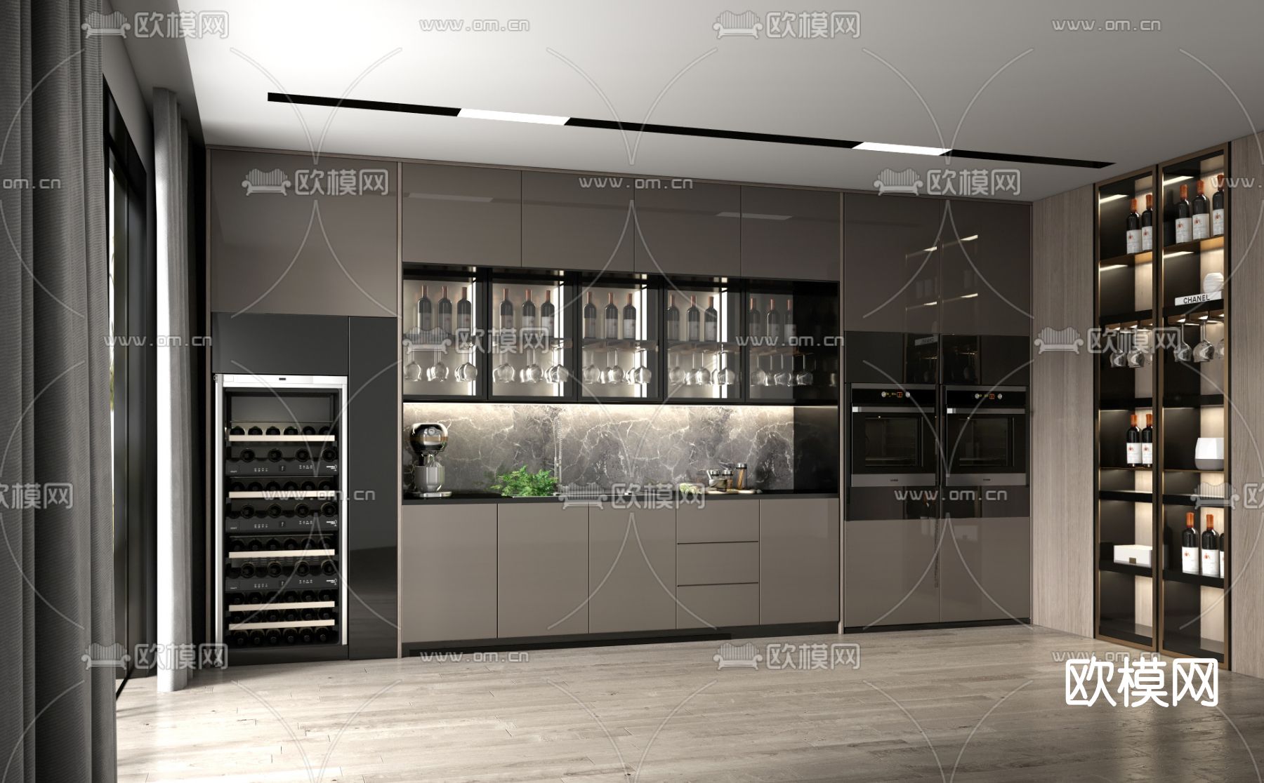 现代轻奢厨房su模型下载（渲染图1）