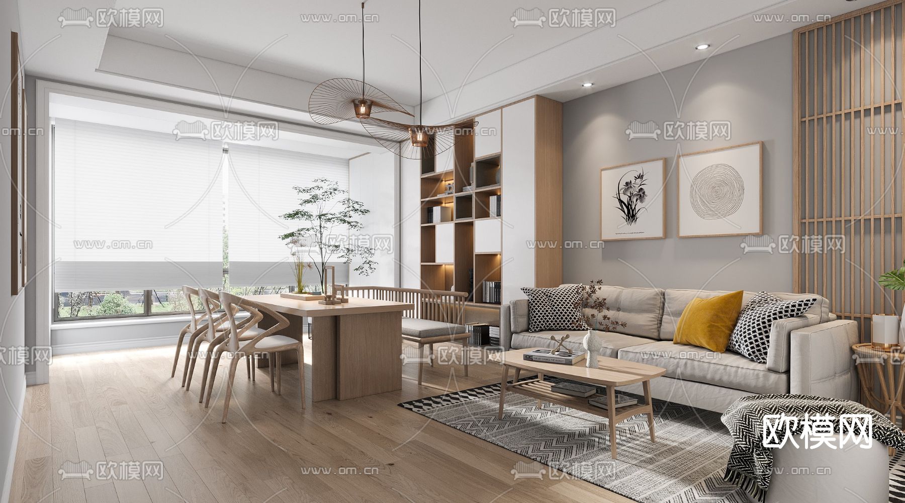 日式客厅餐厅3d模型下载（渲染图4）