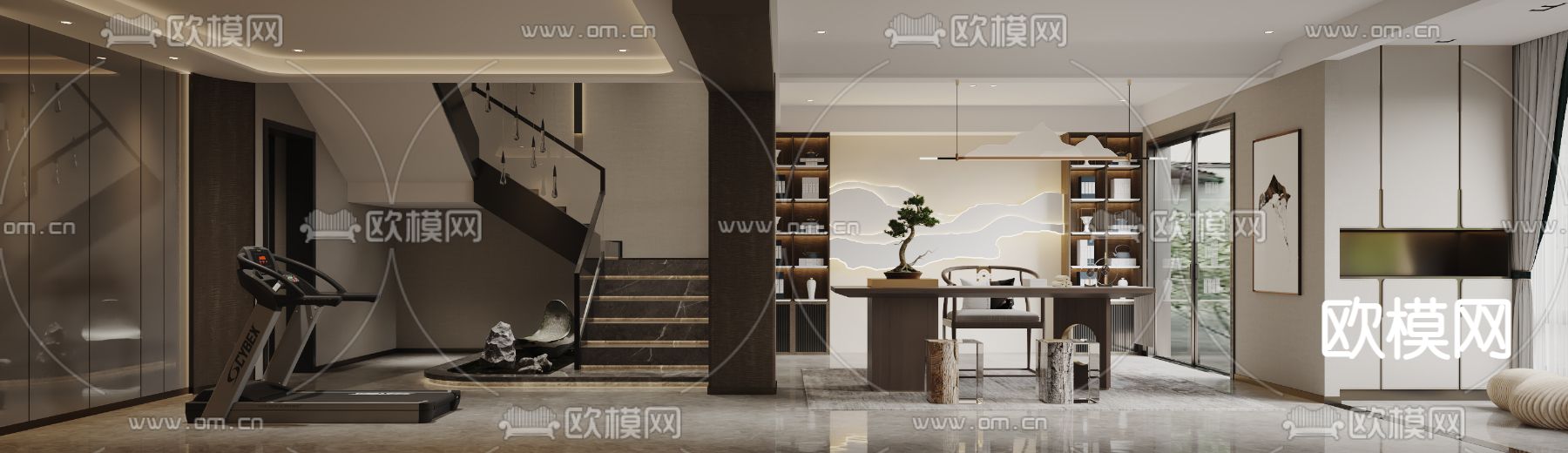 新中式地下室茶室健身区3d模型