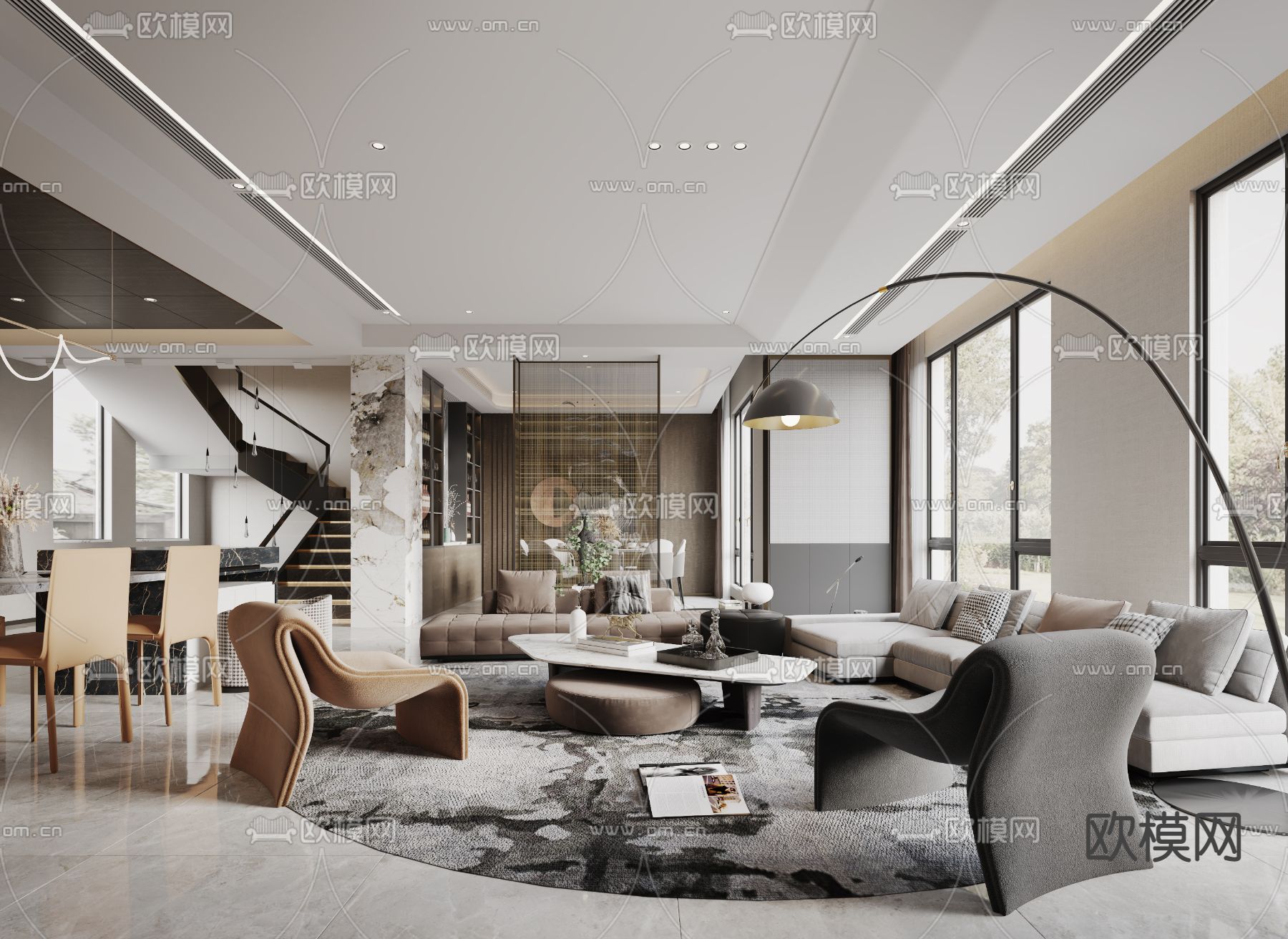 现代复式别墅客厅餐厅3d模型
