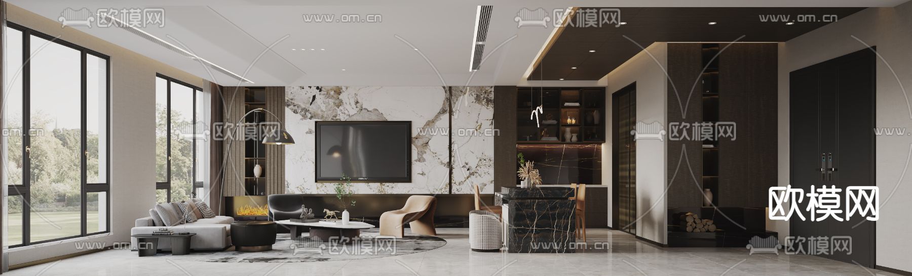 现代复式别墅客厅餐厅3d模型