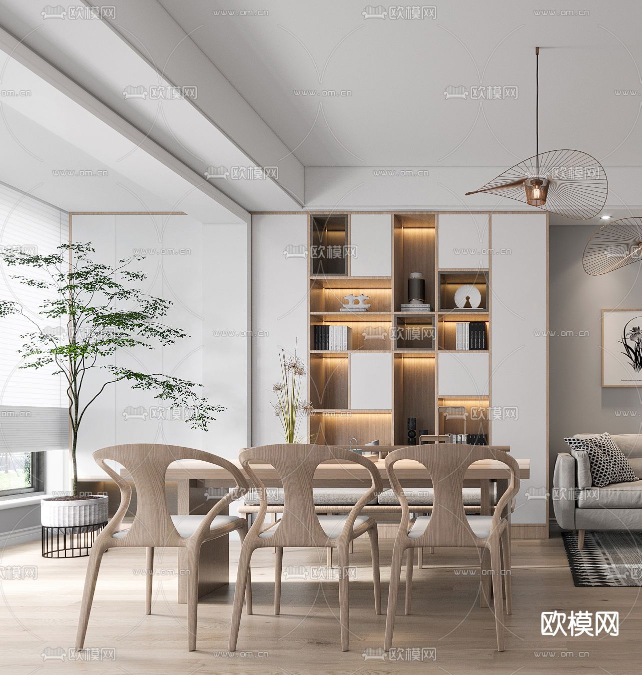 日式客厅餐厅3d模型下载（渲染图3）