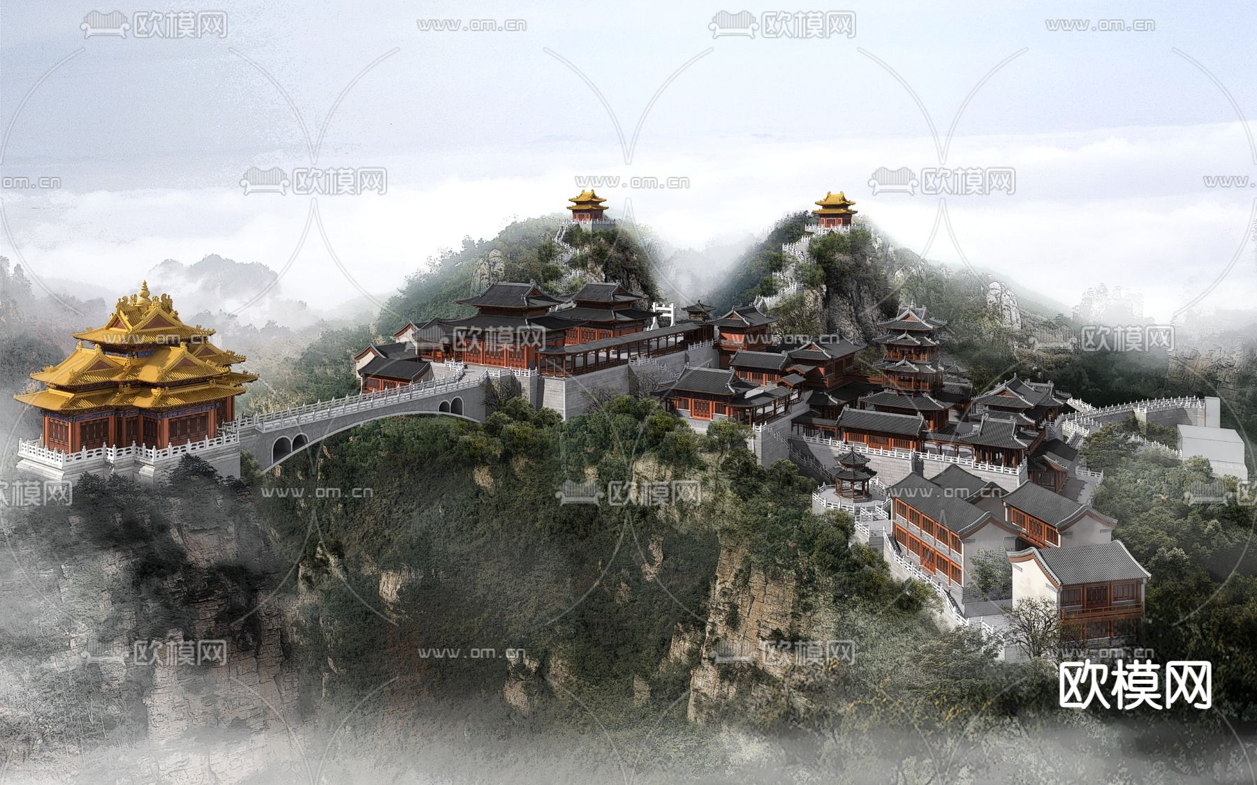 中式古建寺庙鸟瞰3d模型下载