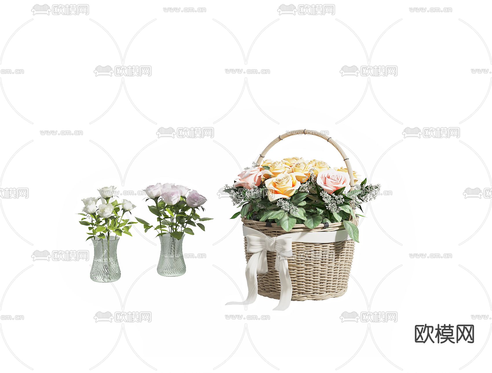 现代玫瑰花花瓶花篮3d模型下载