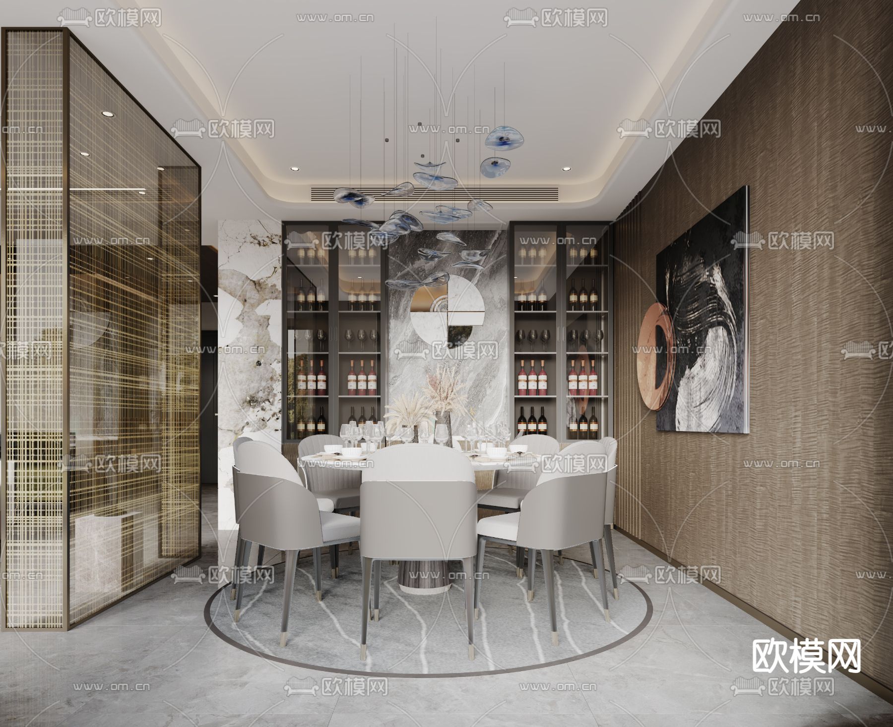 现代复式别墅客厅餐厅3d模型