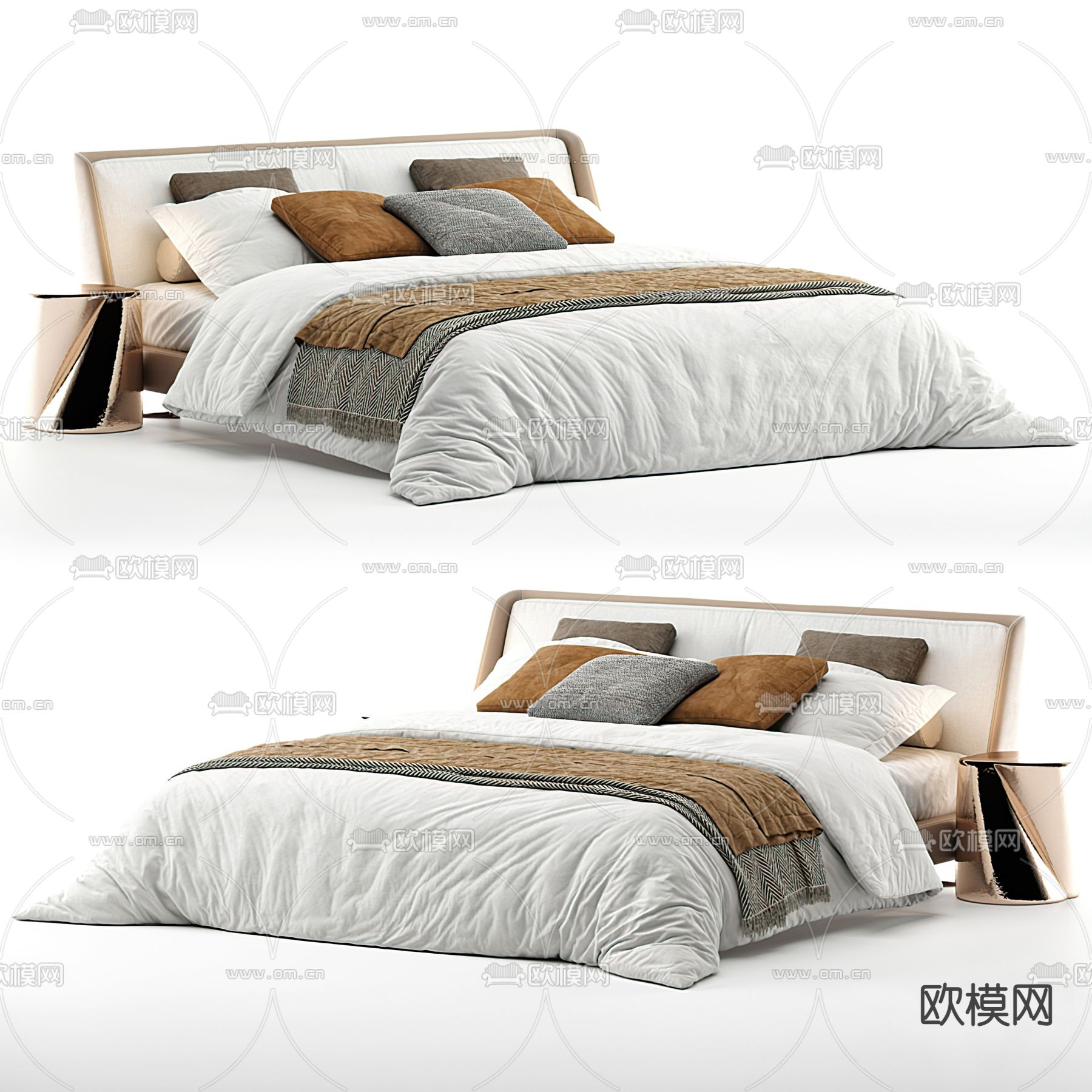现代布艺双人床3d模型下载（渲染图1）