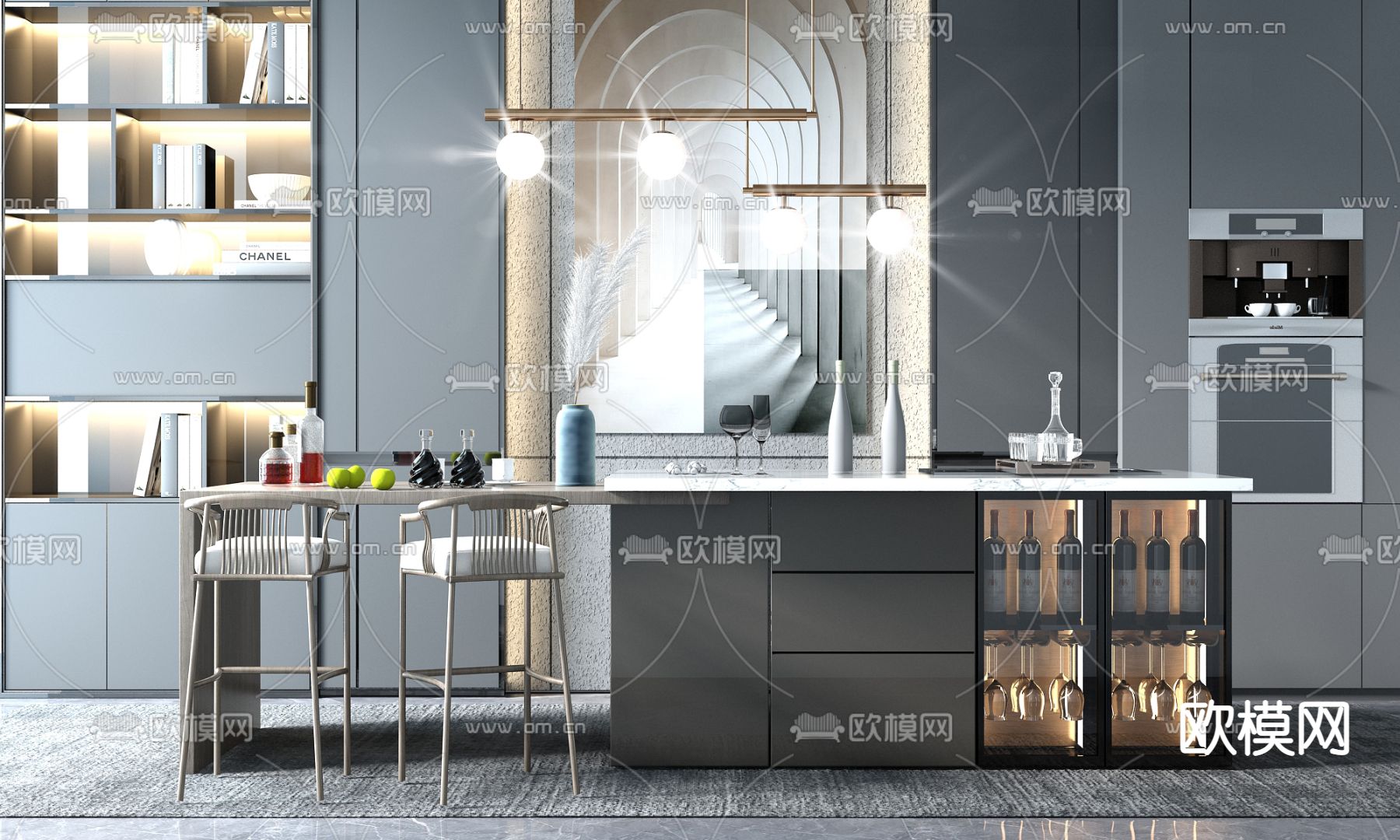 现代开放式厨房吧台su模型下载（渲染图1）