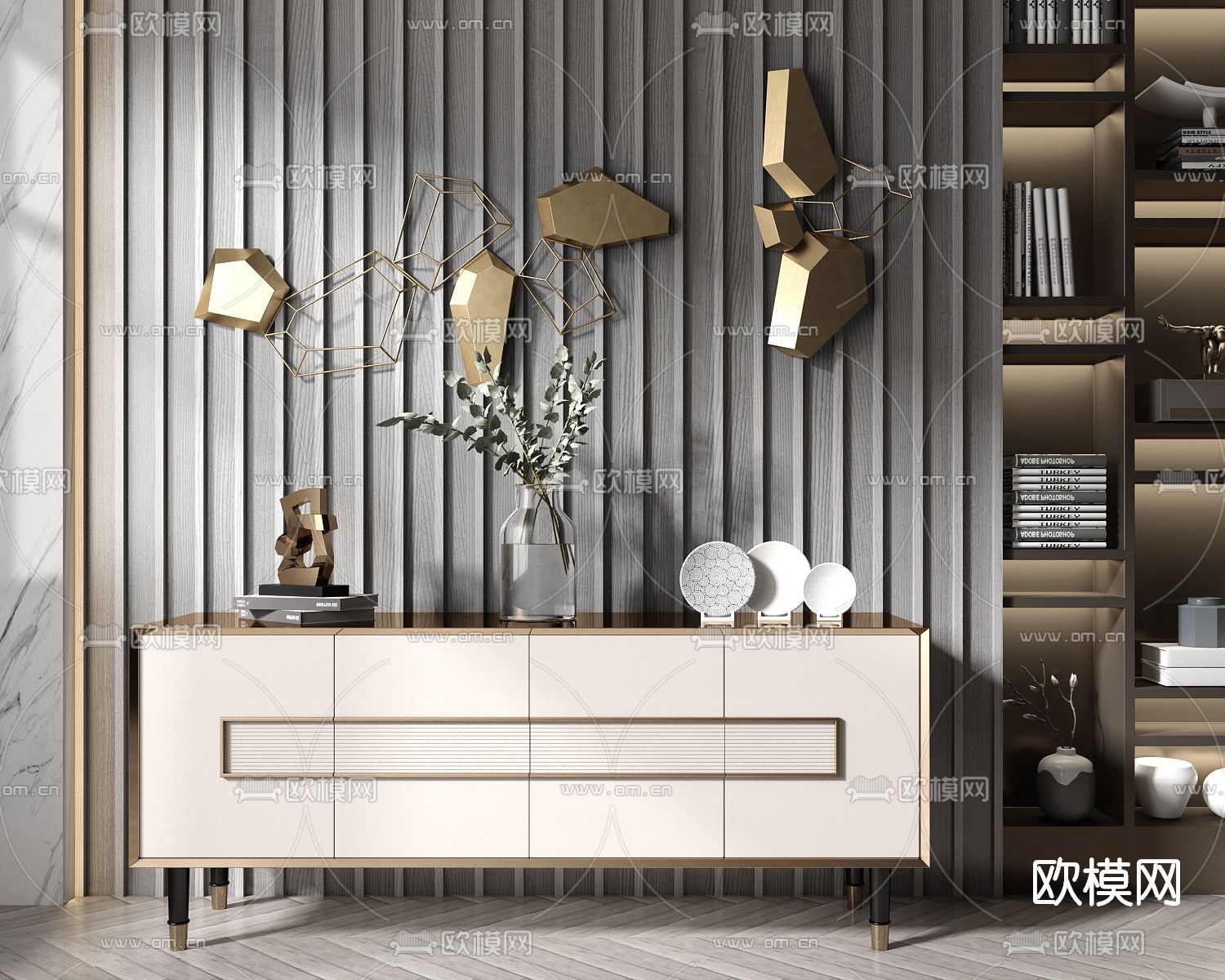 现代轻奢电视柜su模型下载（渲染图1）
