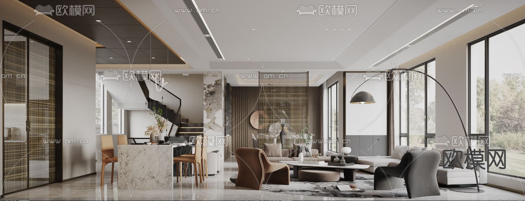 现代复式别墅客厅餐厅3d模型