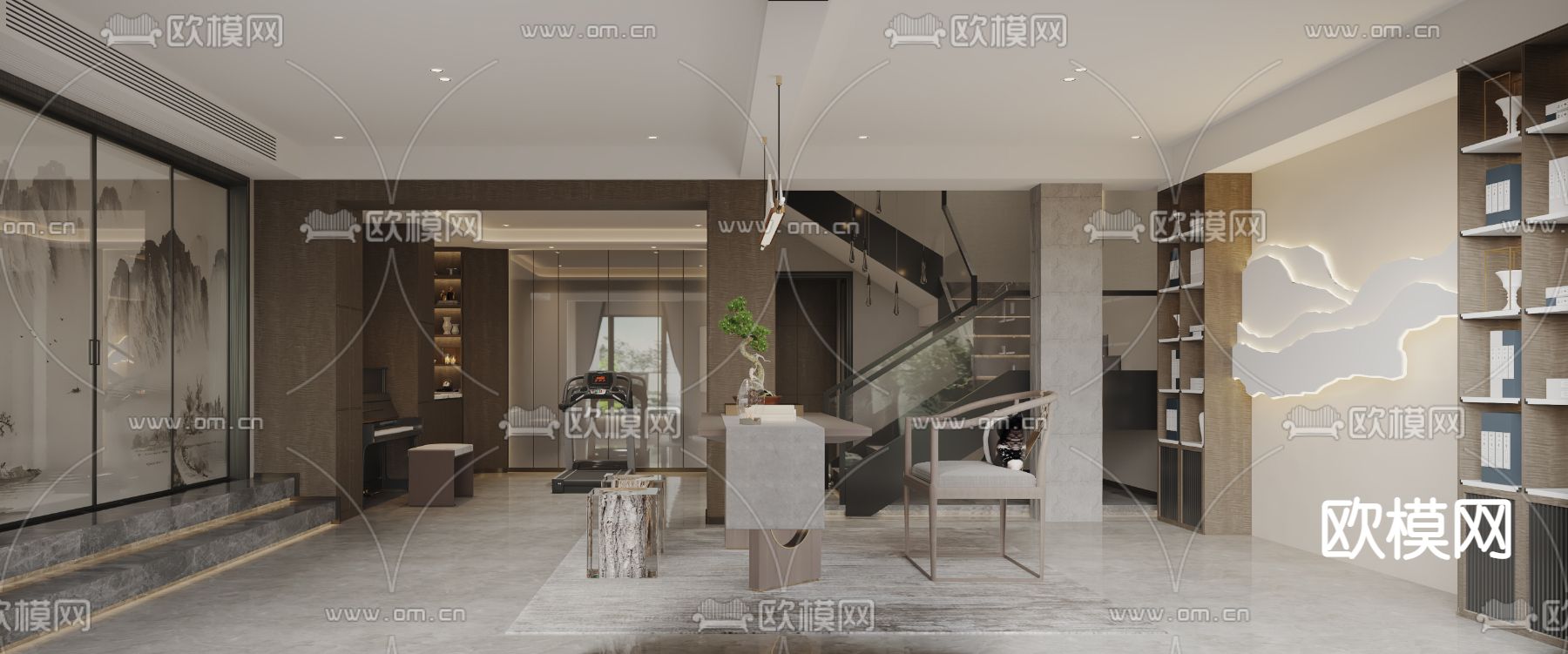 新中式地下室茶室健身区3d模型