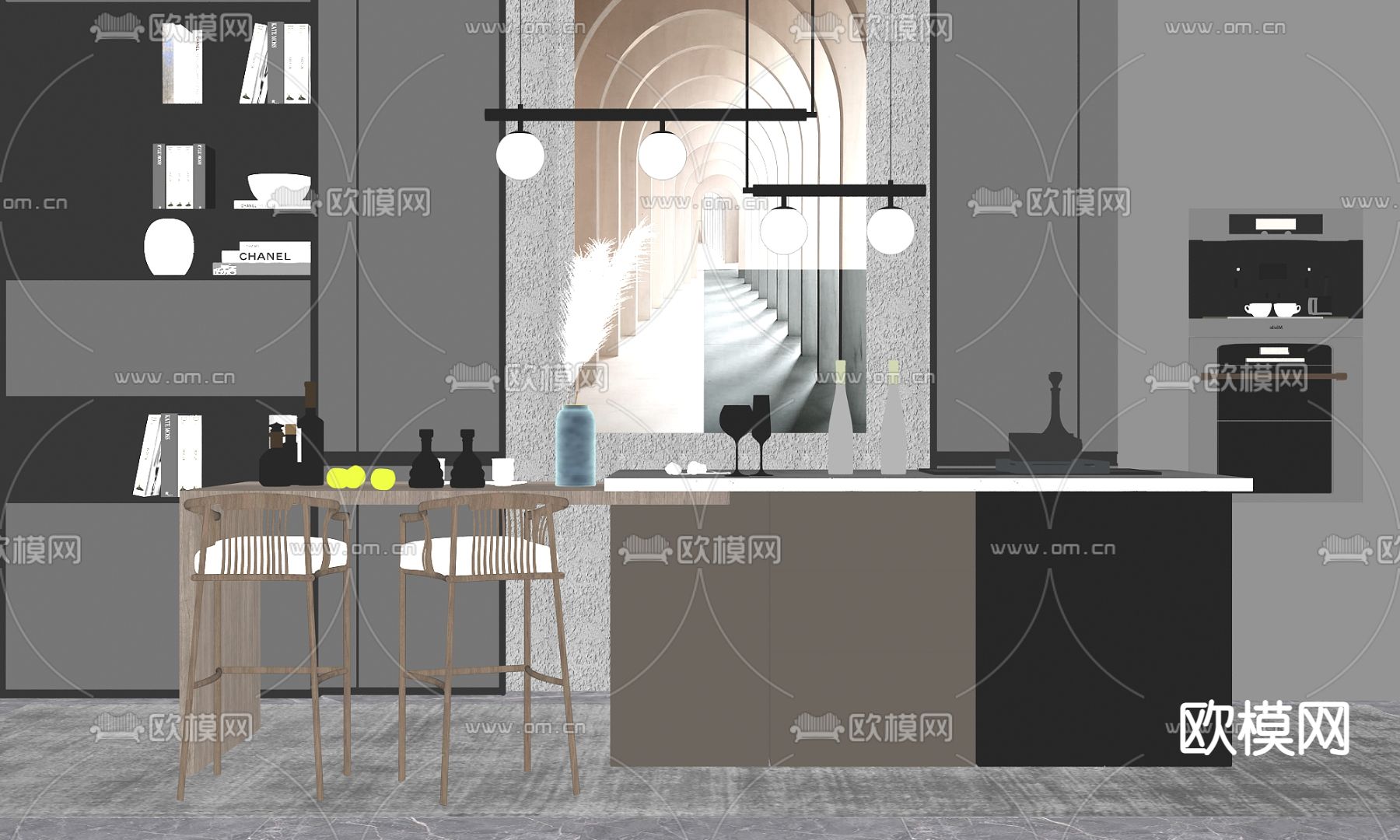 现代开放式厨房吧台su模型下载（渲染图2）