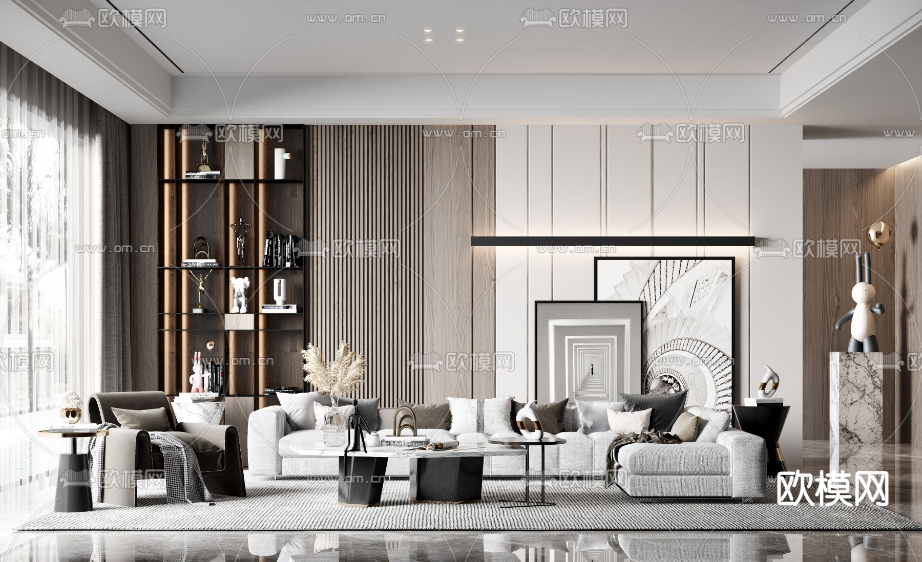 现代布艺转角沙发组合3d模型下载（渲染图1）