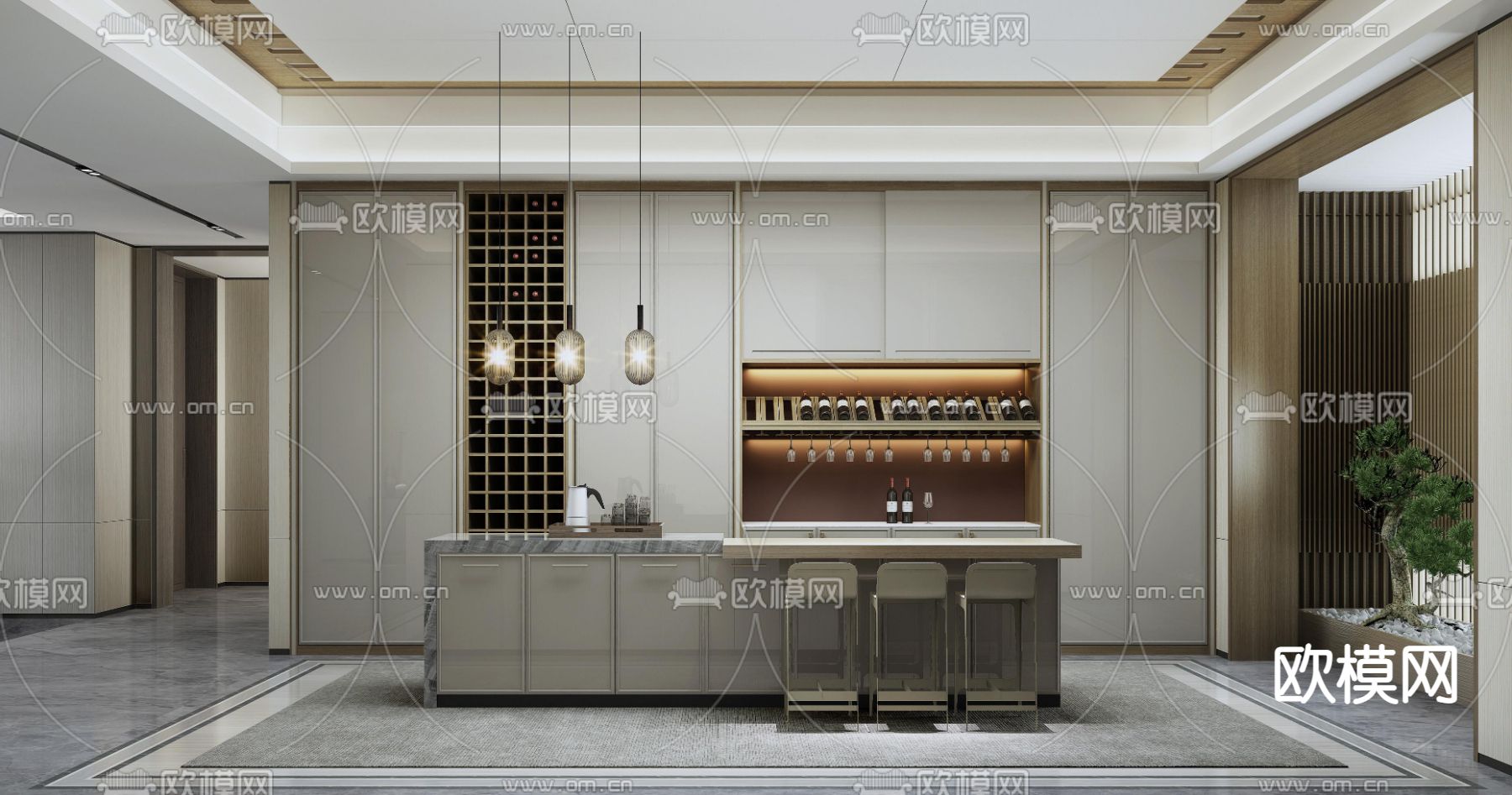 新中式跃式客厅餐厅3d模型