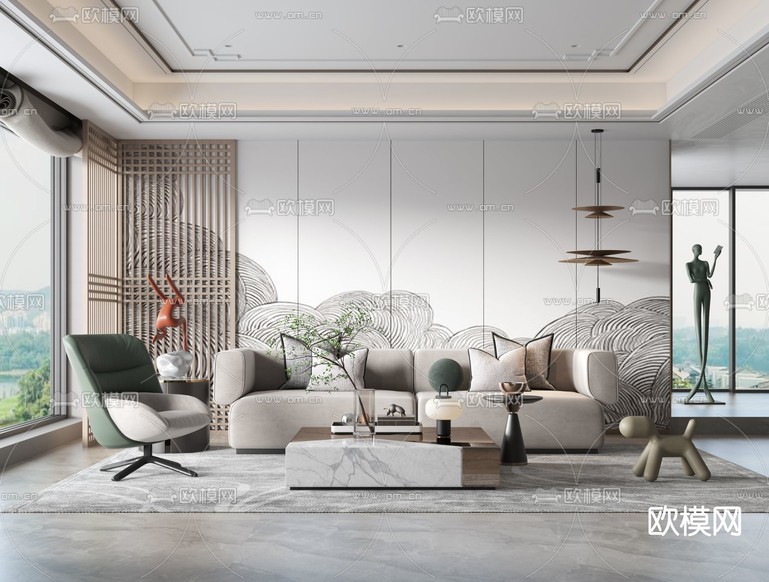 新中式布艺沙发组合3d模型下载