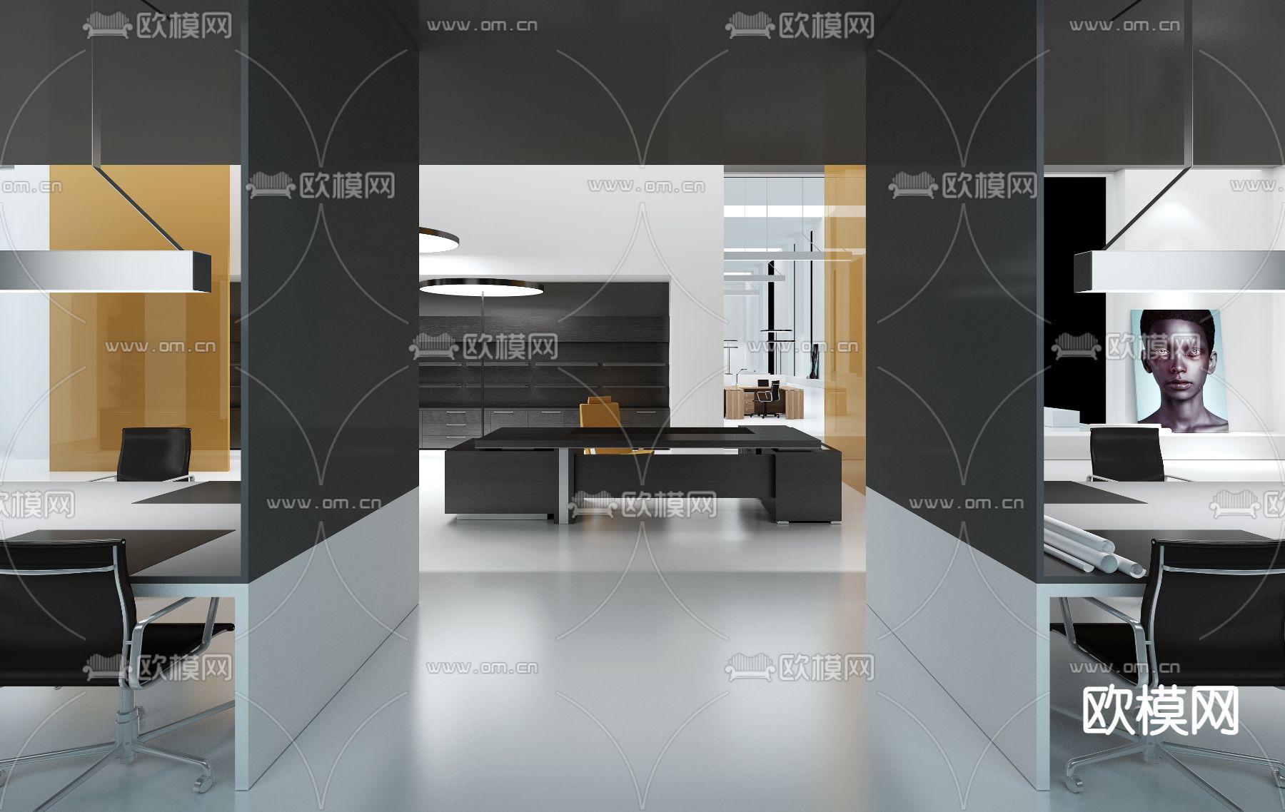 现代黑色办公班台桌3d模型下载