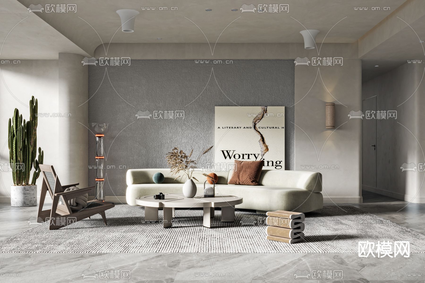 侘寂布艺弧形沙发组合3d模型下载