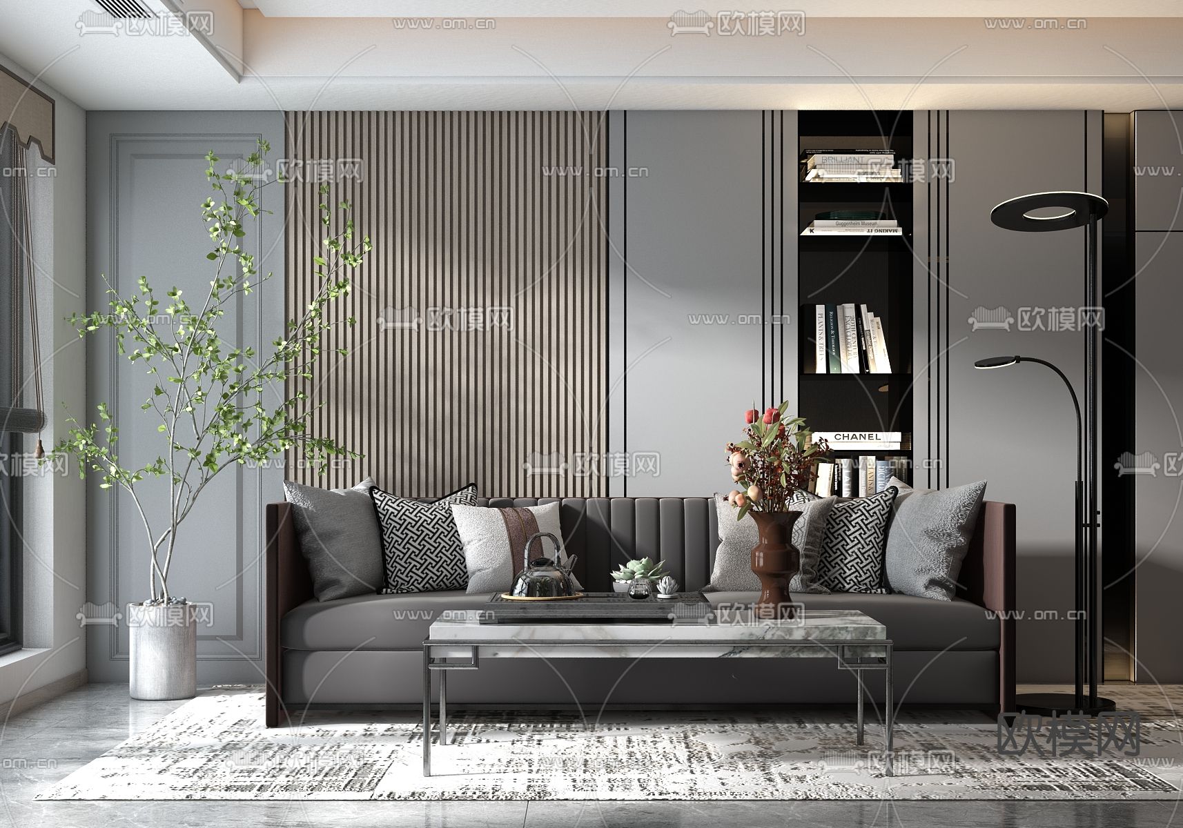 现代布艺沙发组合su模型下载（渲染图1）