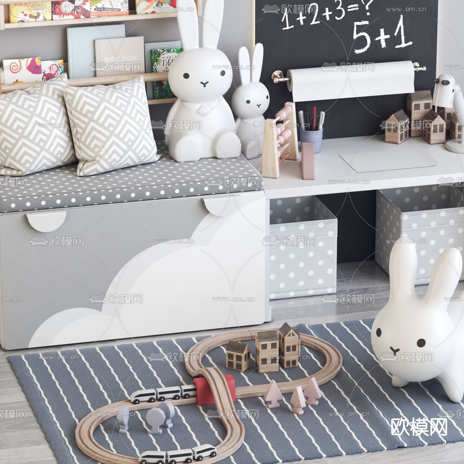 北欧儿童长凳挂壁式书架玩具3d模型下载（渲染图2）