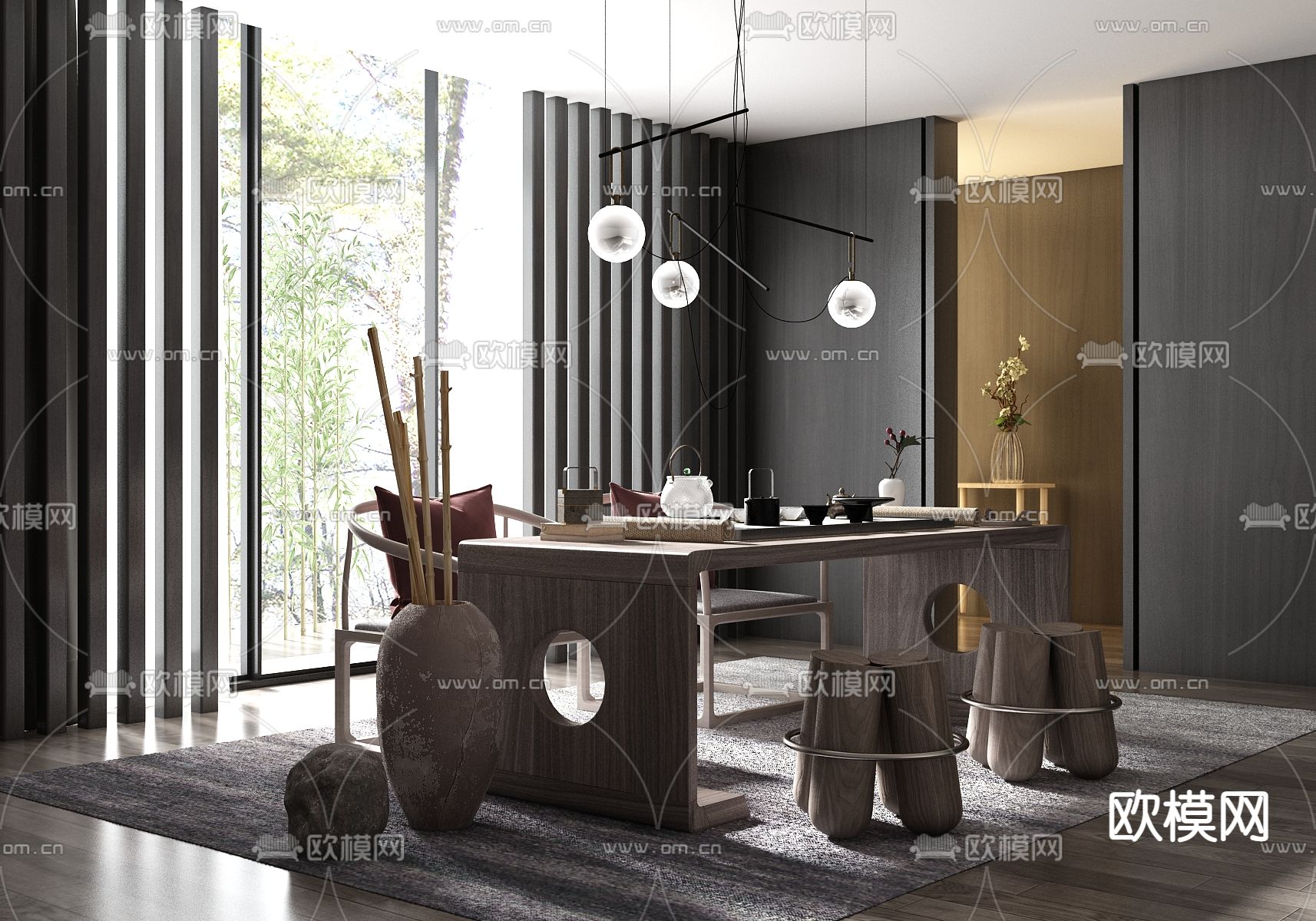 新中式茶室su模型下载（渲染图1）