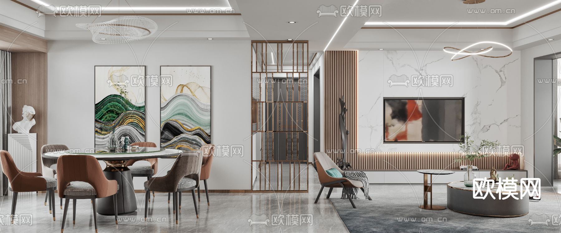 现代轻奢客厅餐厅3d模型