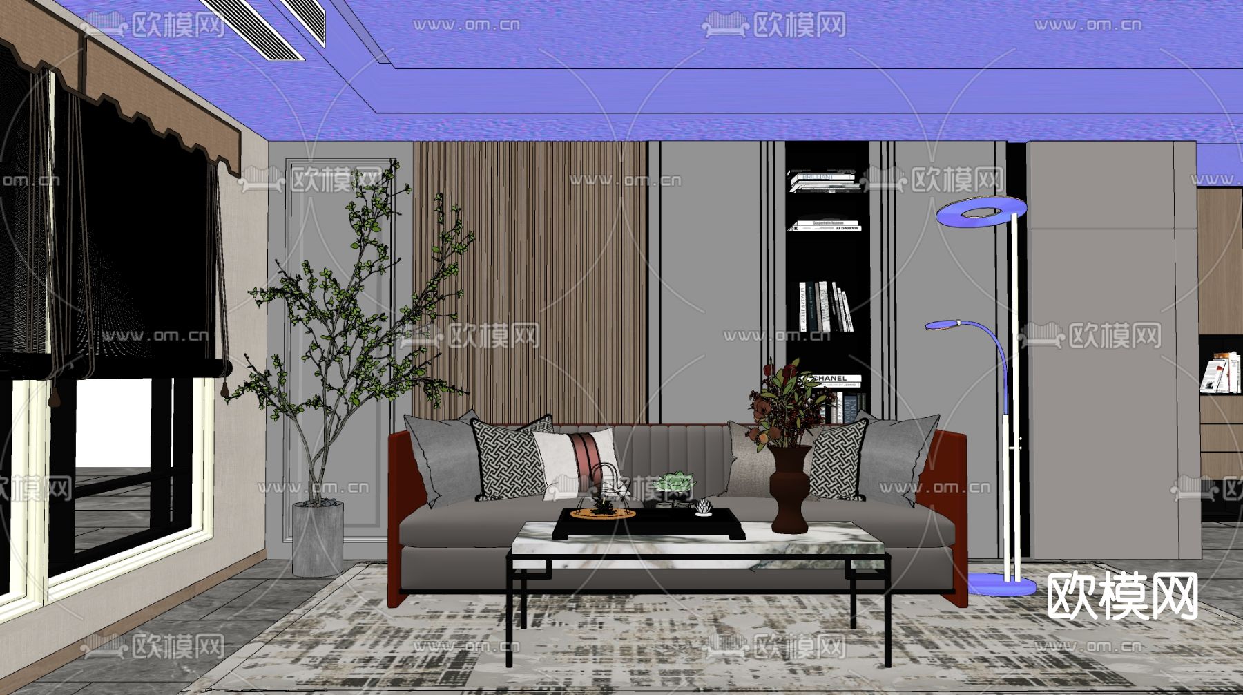 现代布艺沙发组合su模型下载（渲染图2）