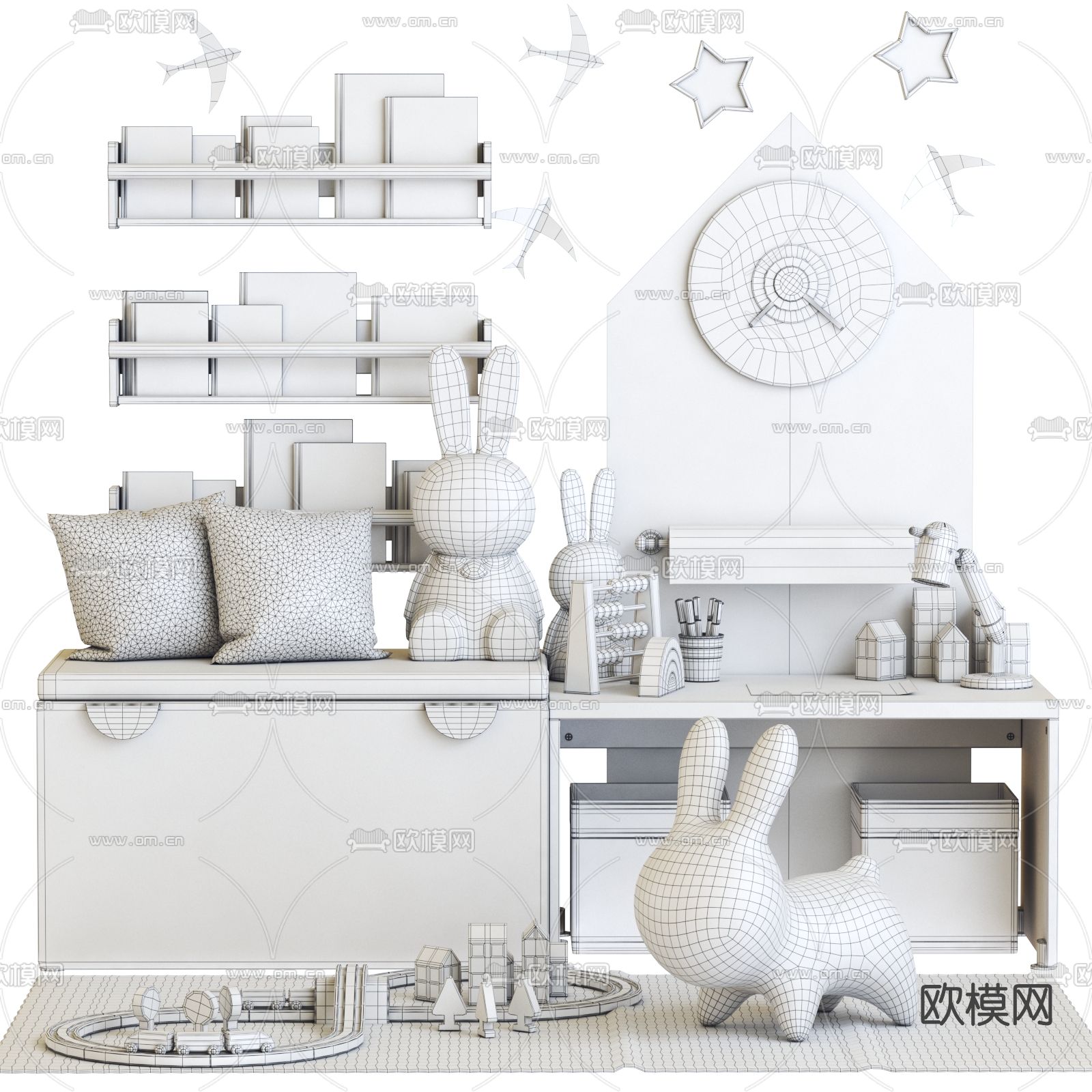 北欧儿童长凳挂壁式书架玩具3d模型下载（渲染图3）