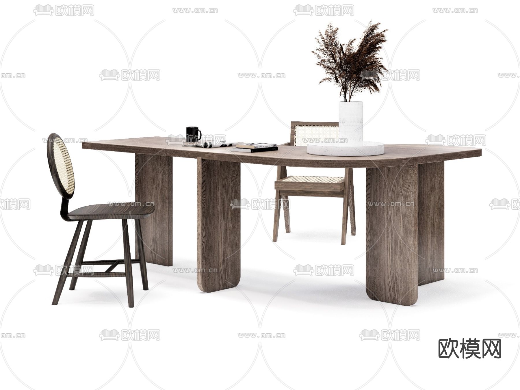 侘寂风实木书桌椅su模型下载（渲染图2）