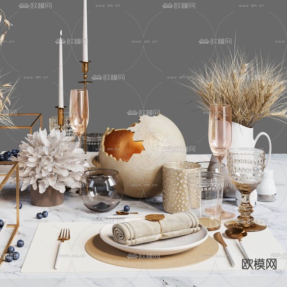 现代西餐餐具干花烛台3d模型下载(渲染图1)