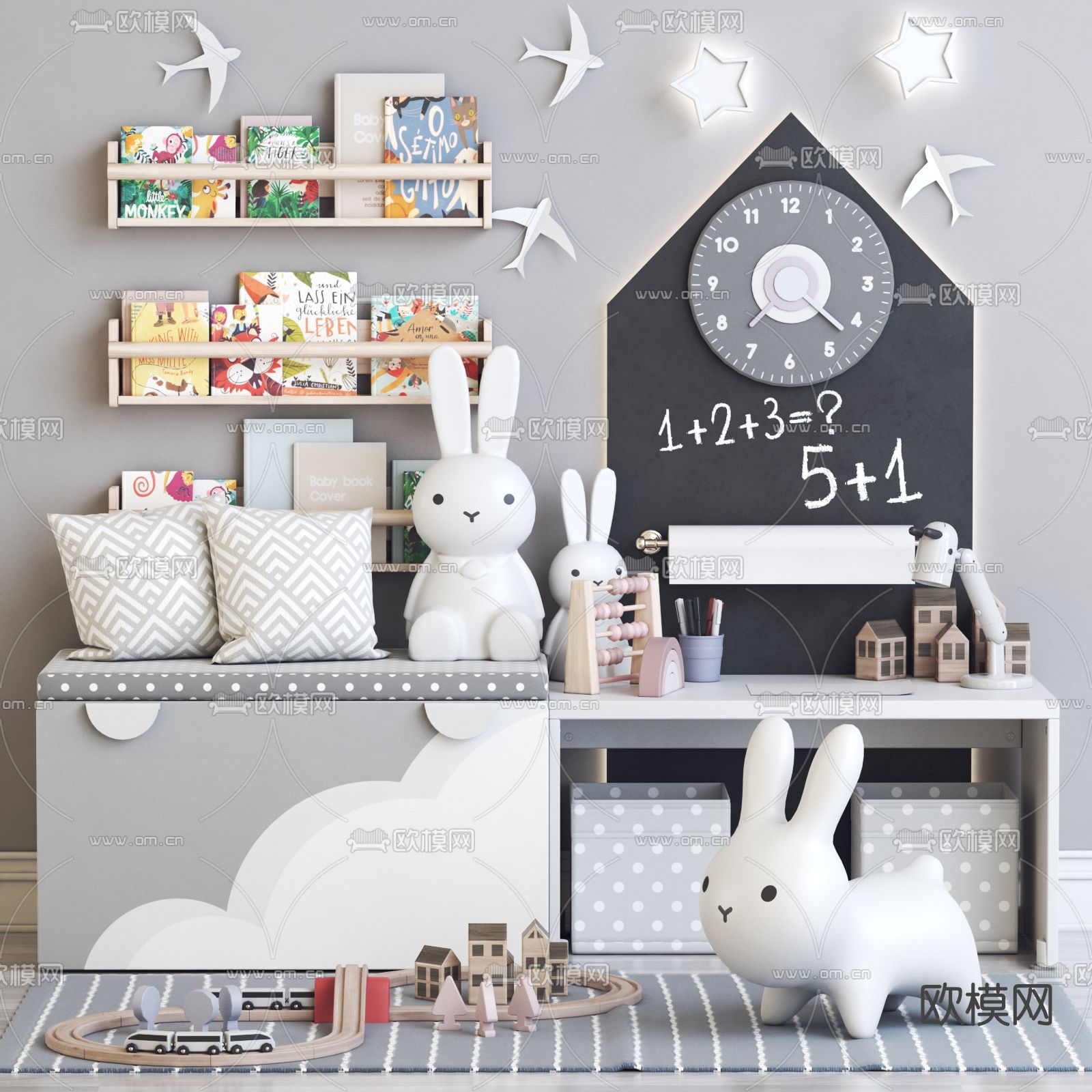 北欧儿童长凳挂壁式书架玩具3d模型下载（渲染图1）