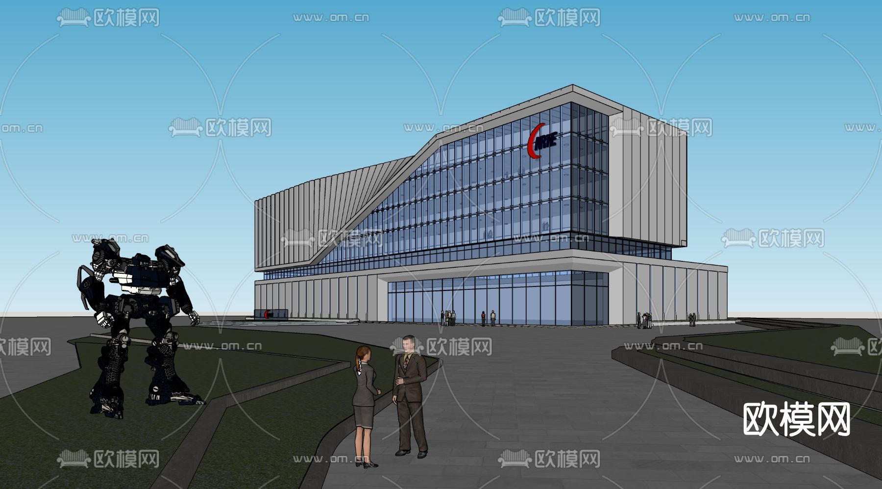 现代办公楼建筑外观su模型下载（渲染图2）