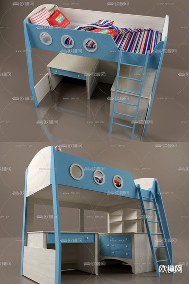 现代上下铺儿童床免费3d模型下载