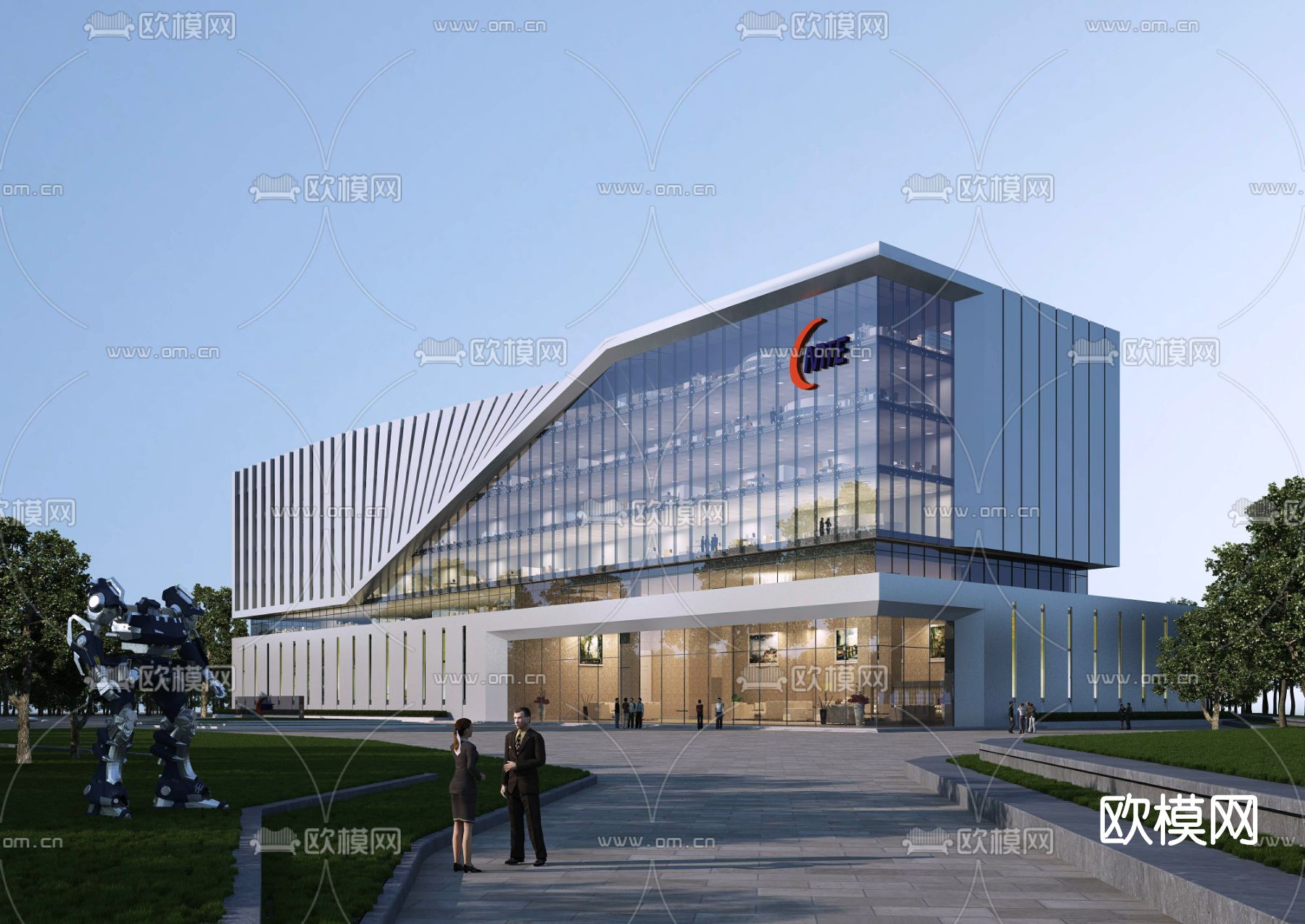 现代办公楼建筑外观su模型下载（渲染图1）