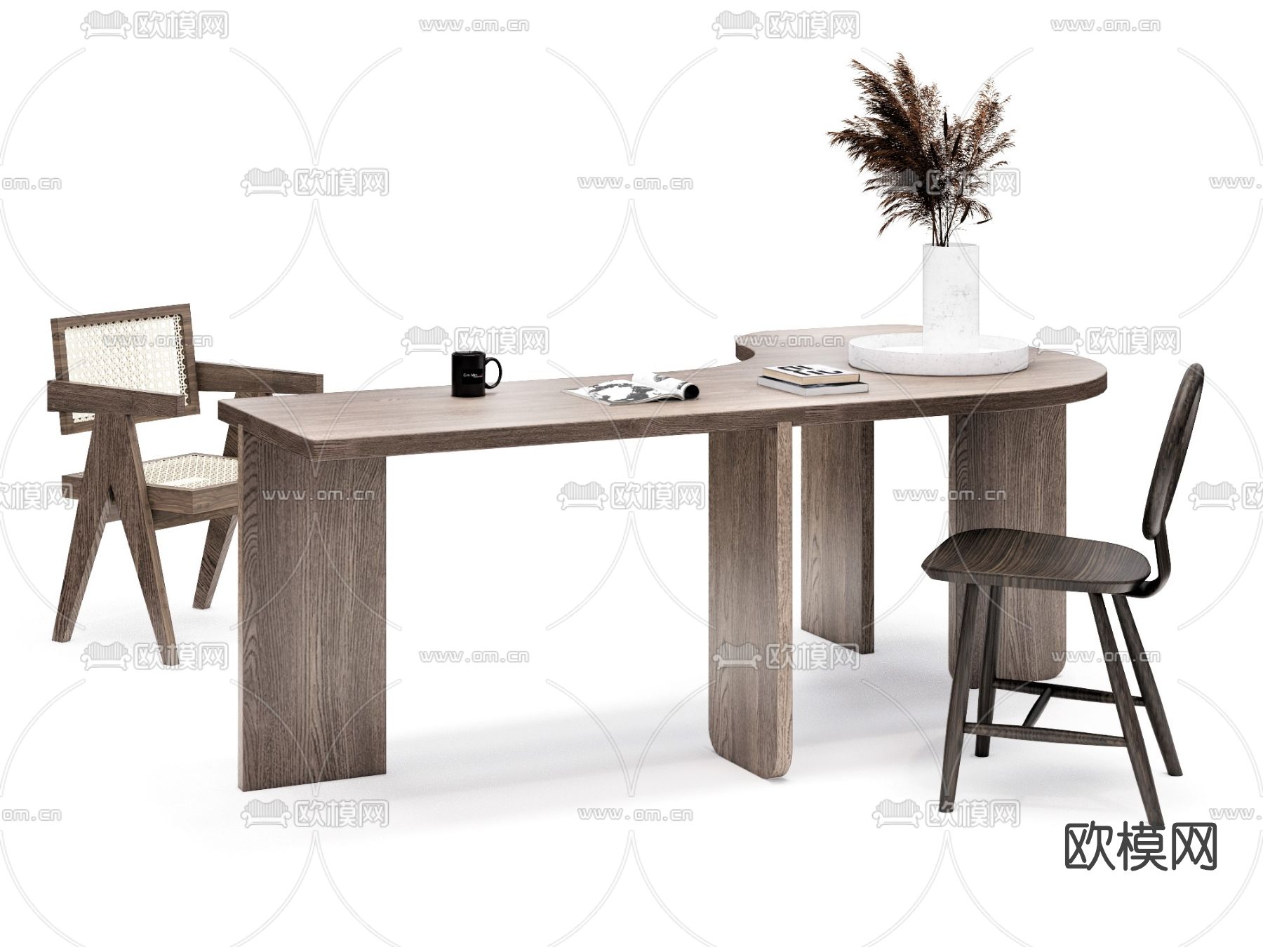 侘寂风实木书桌椅su模型下载（渲染图1）
