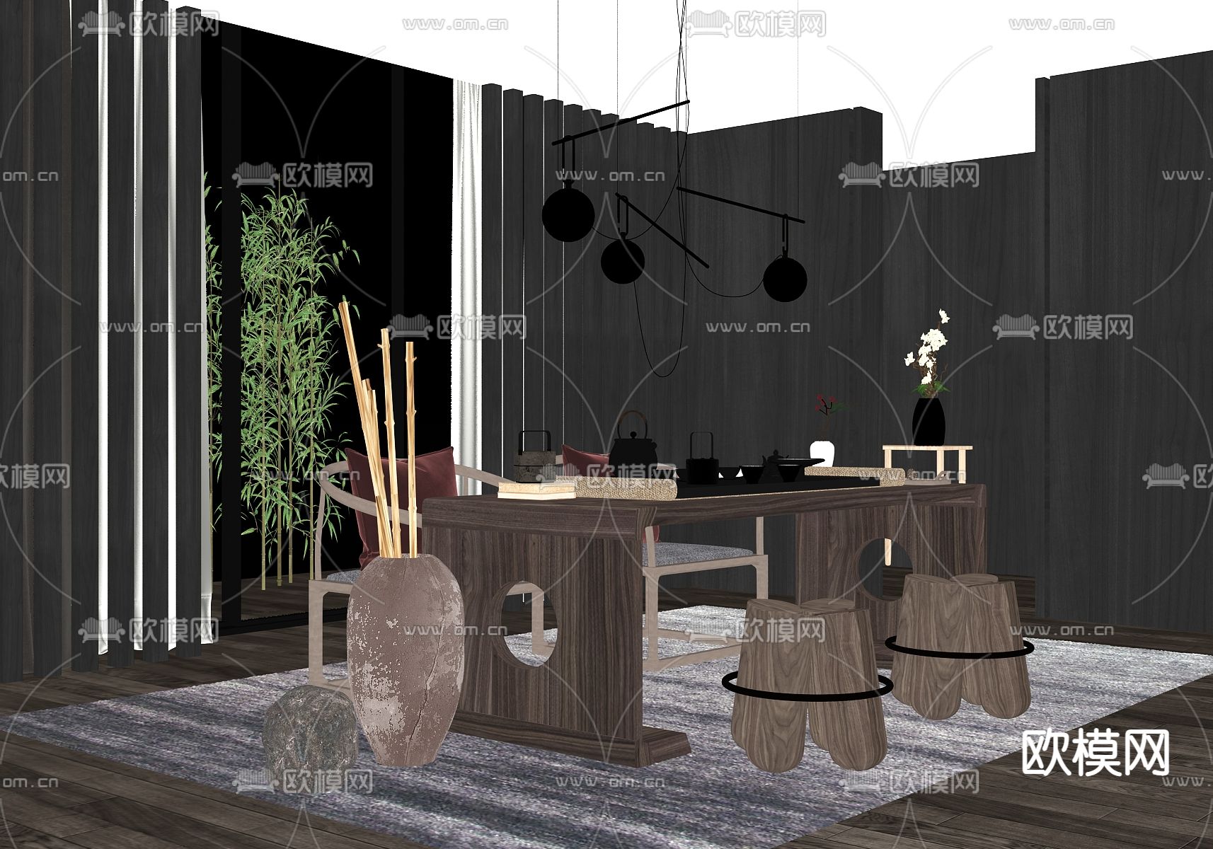 新中式茶室su模型下载（渲染图2）