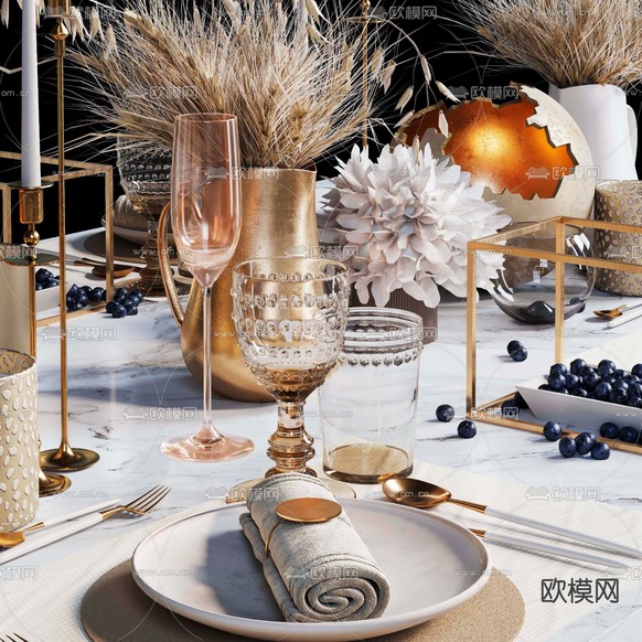 现代西餐餐具干花烛台3d模型下载(渲染图4)