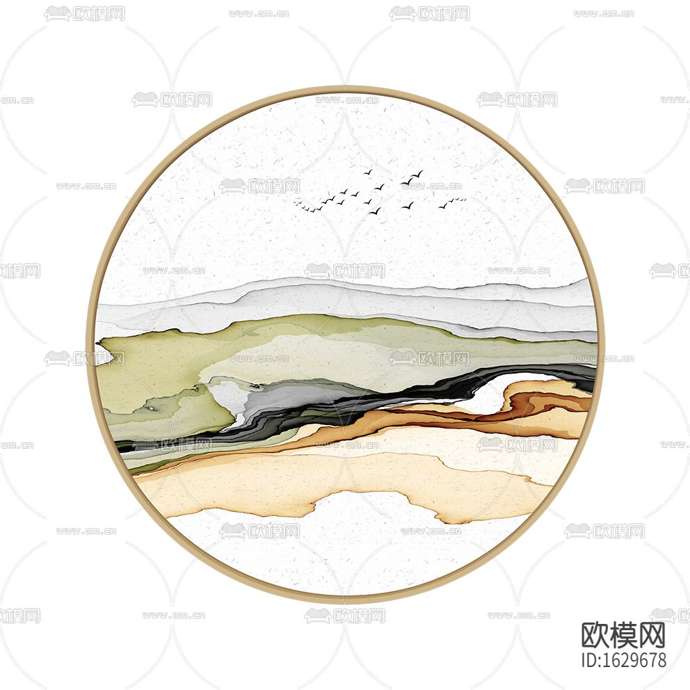 新中式禅意圆形彩色水墨抽象画下载