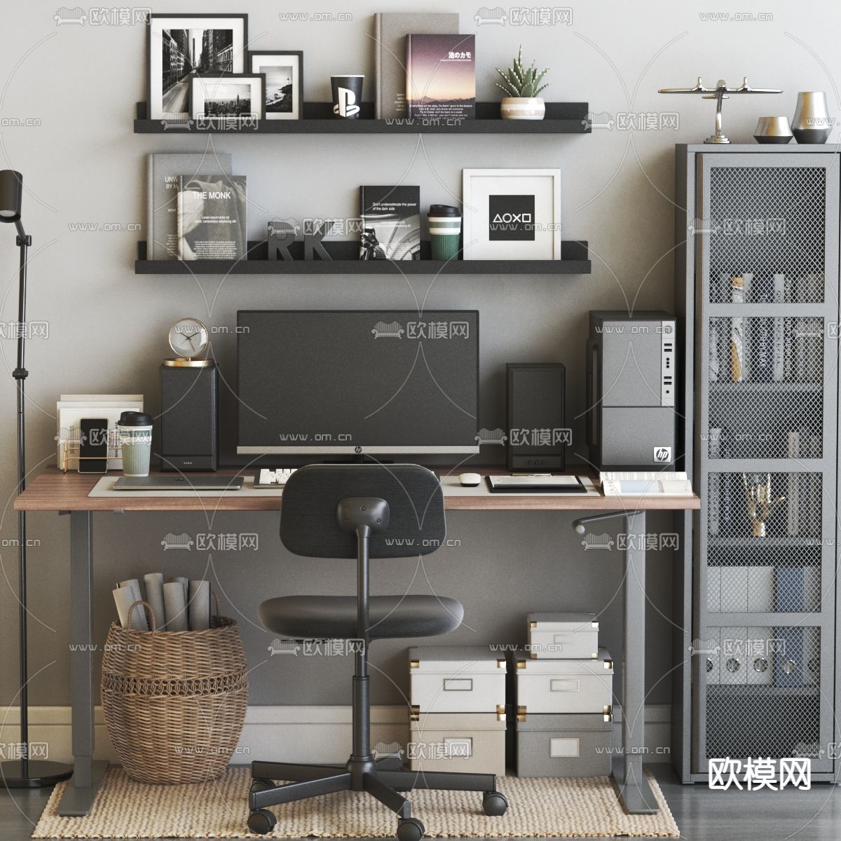 工业风电脑书桌椅3d模型下载（渲染图1）