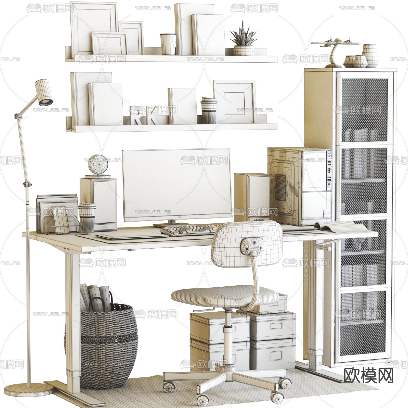 工业风电脑书桌椅3d模型下载（渲染图4）