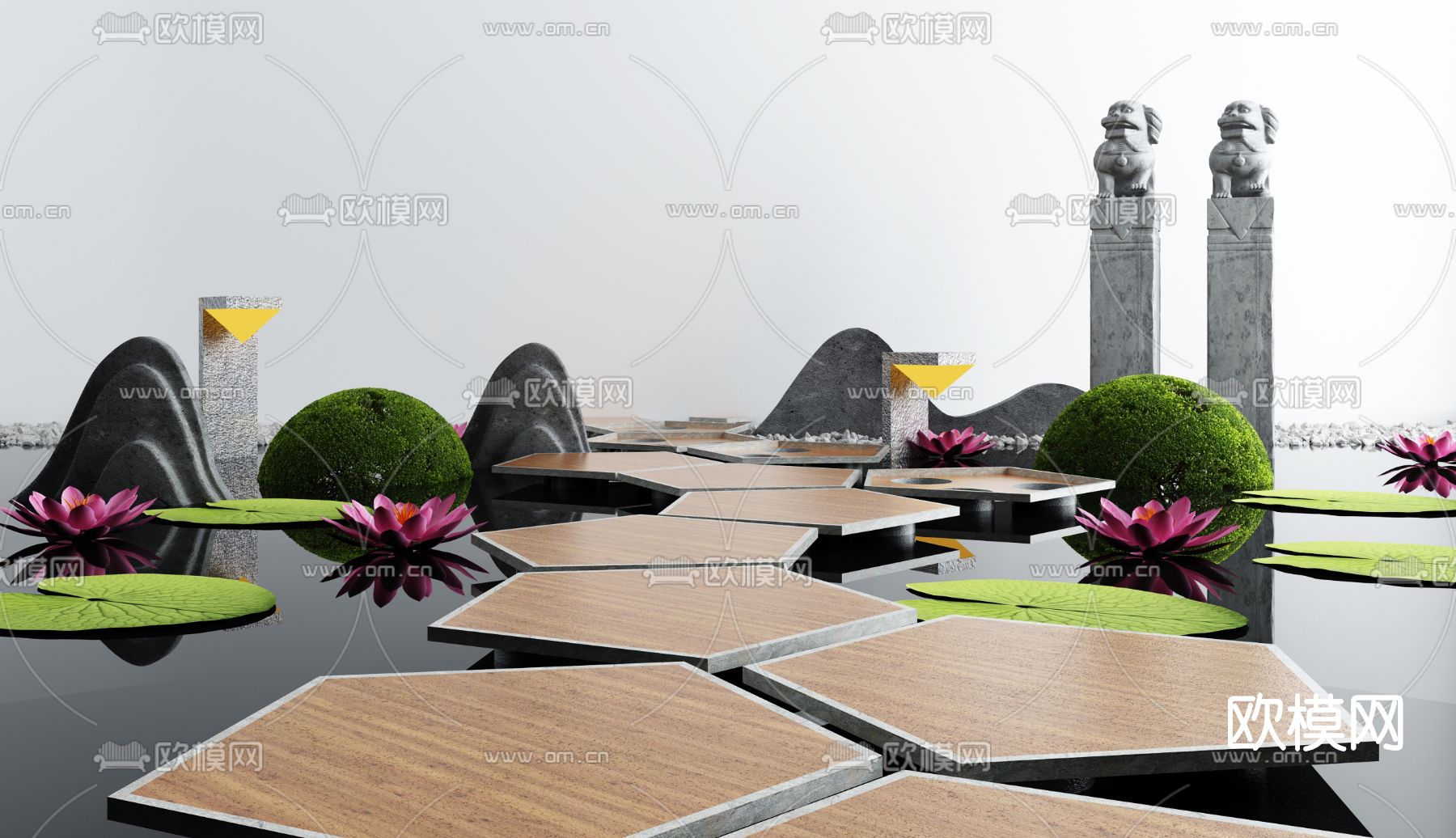 新中式庭院水景小品3d模型下载